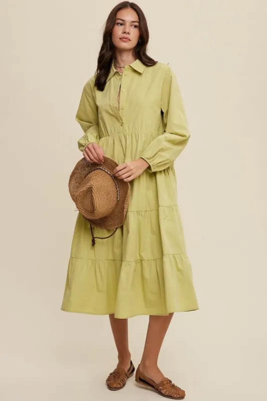 Lime Tiered Collared Midi Dress sold by Pinkblush