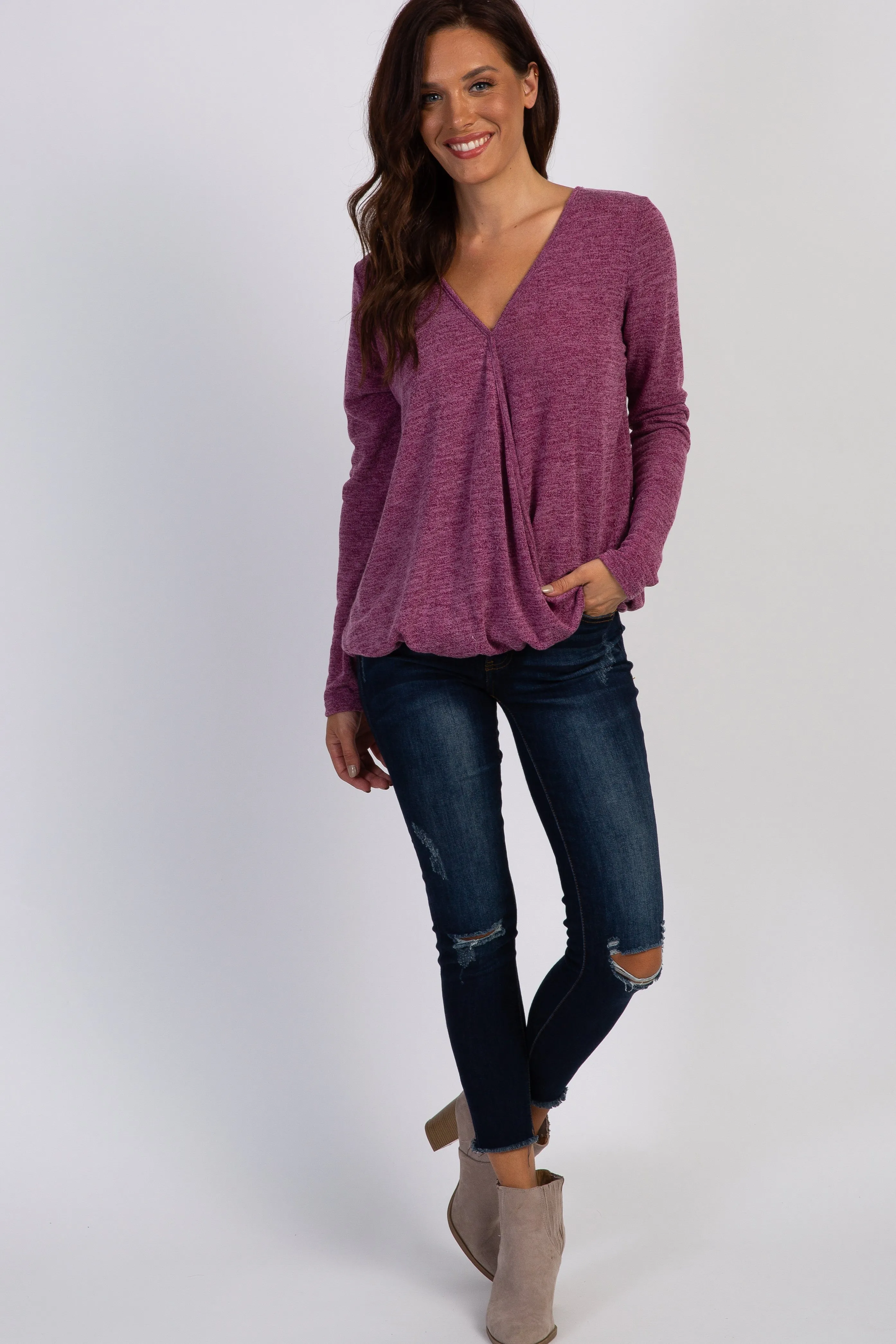Burgundy Two-Tone Long Sleeve Wrap Top sold by Pinkblush product image thumbnail 4