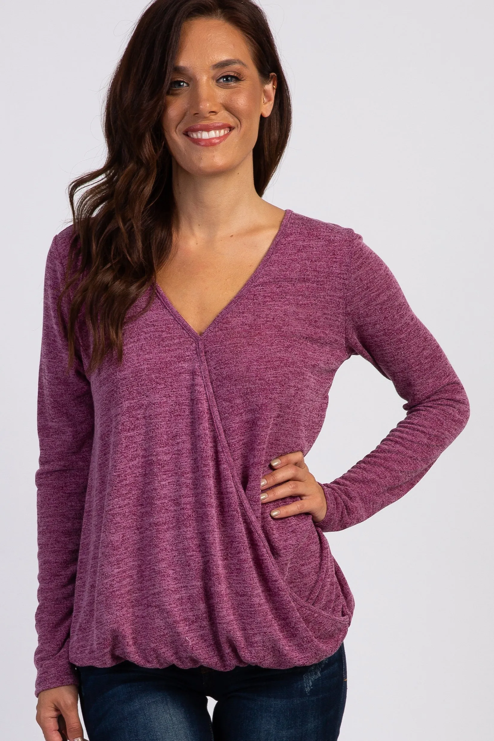 Burgundy Two-Tone Long Sleeve Wrap Top sold by Pinkblush