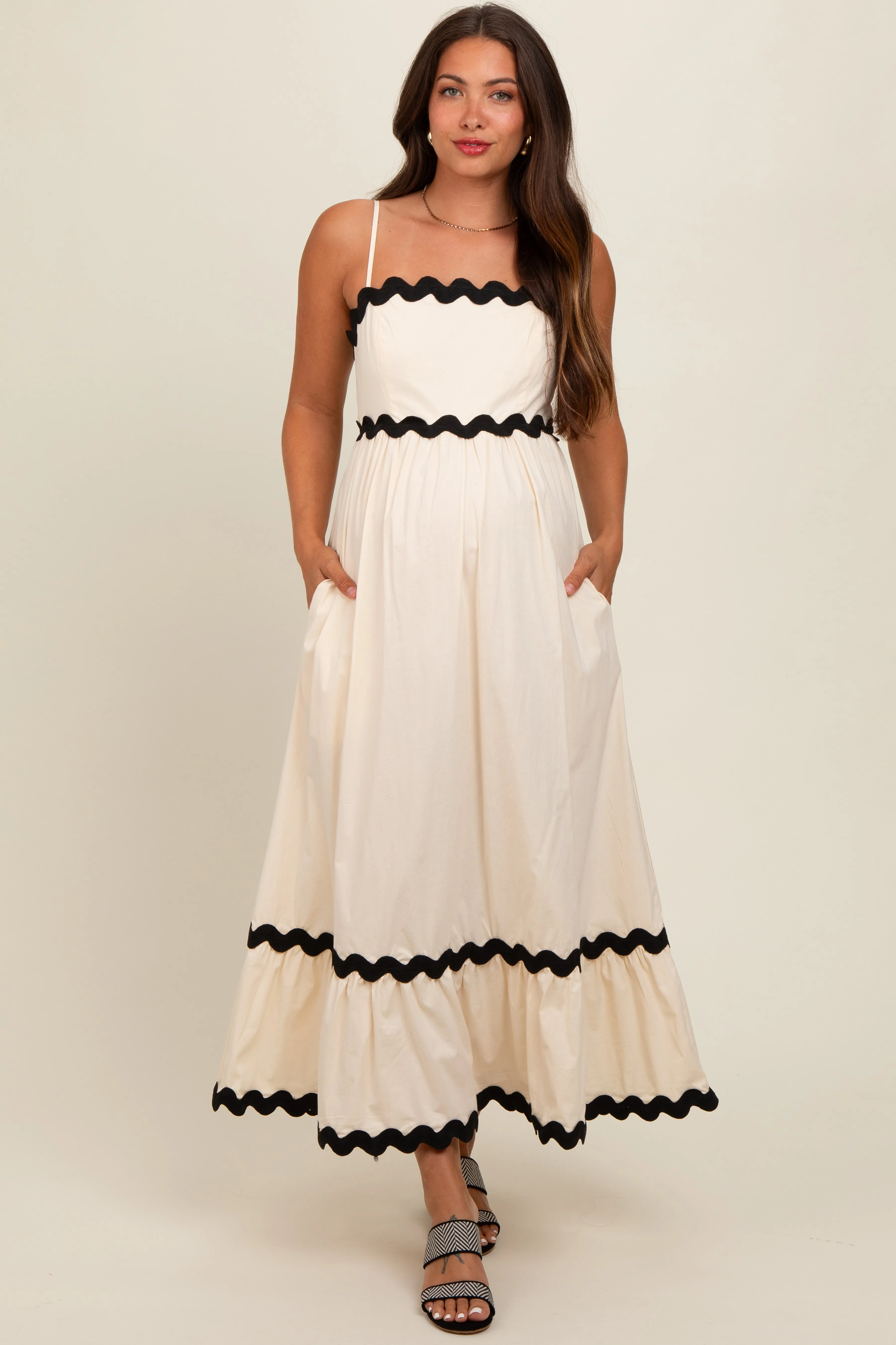 Beige Contrast Wavy Trim Maternity Maxi Dress sold by Pinkblush