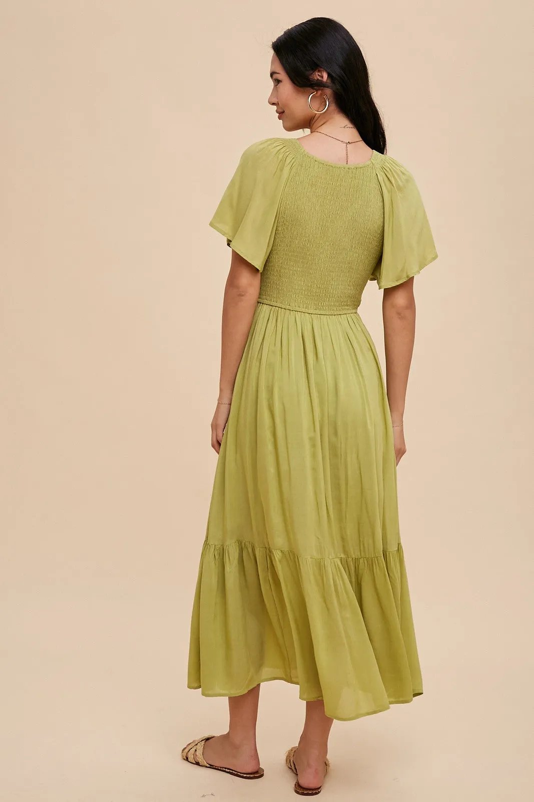 Green Smocked Flutter Sleeve Midi Dress sold by Pinkblush product image thumbnail 3