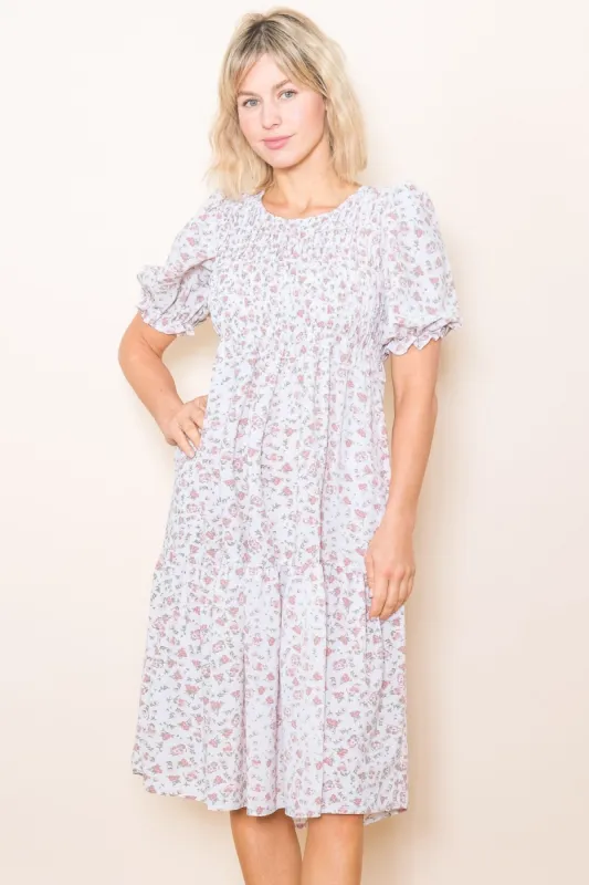 Cream Floral Smocked Midi Dress sold by Pinkblush