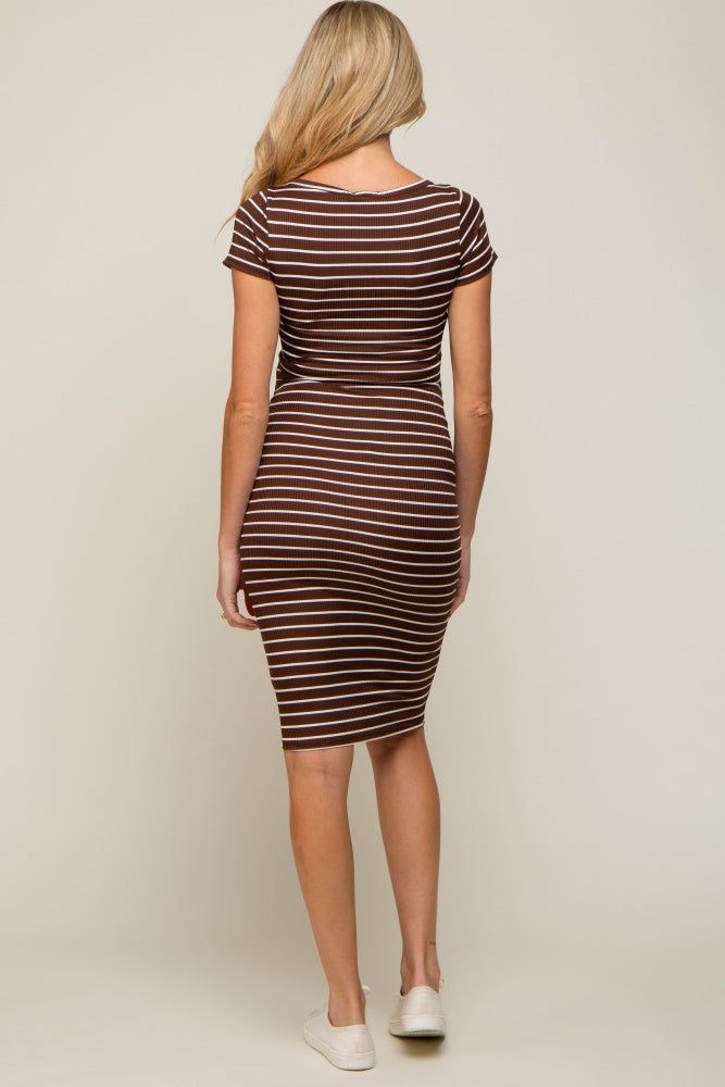 Brown Striped Ribbed Fitted Maternity Midi Dress sold by Pinkblush product image thumbnail 4