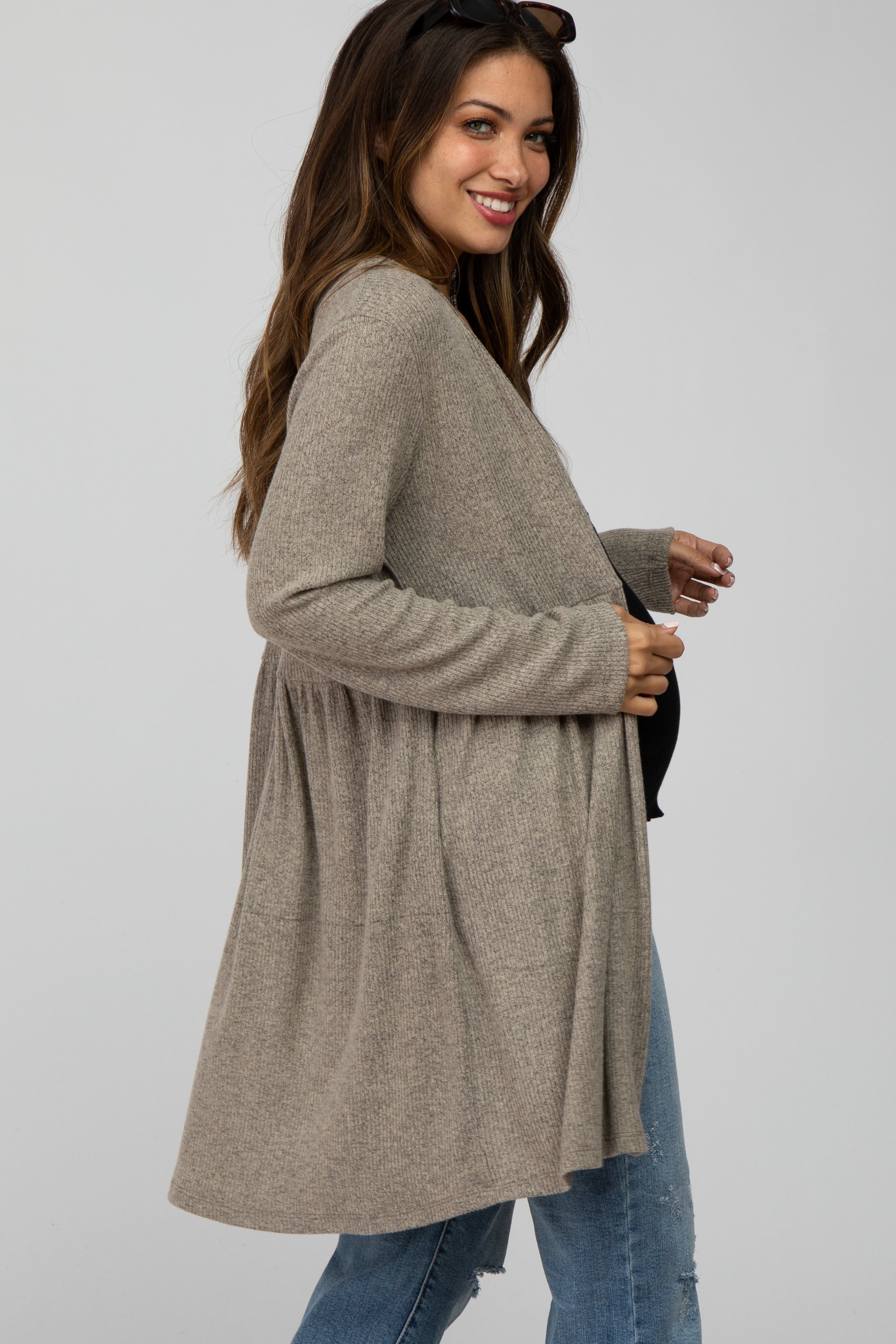 Mocha Gathered Open Front Maternity Cardigan sold by Pinkblush product image thumbnail 3