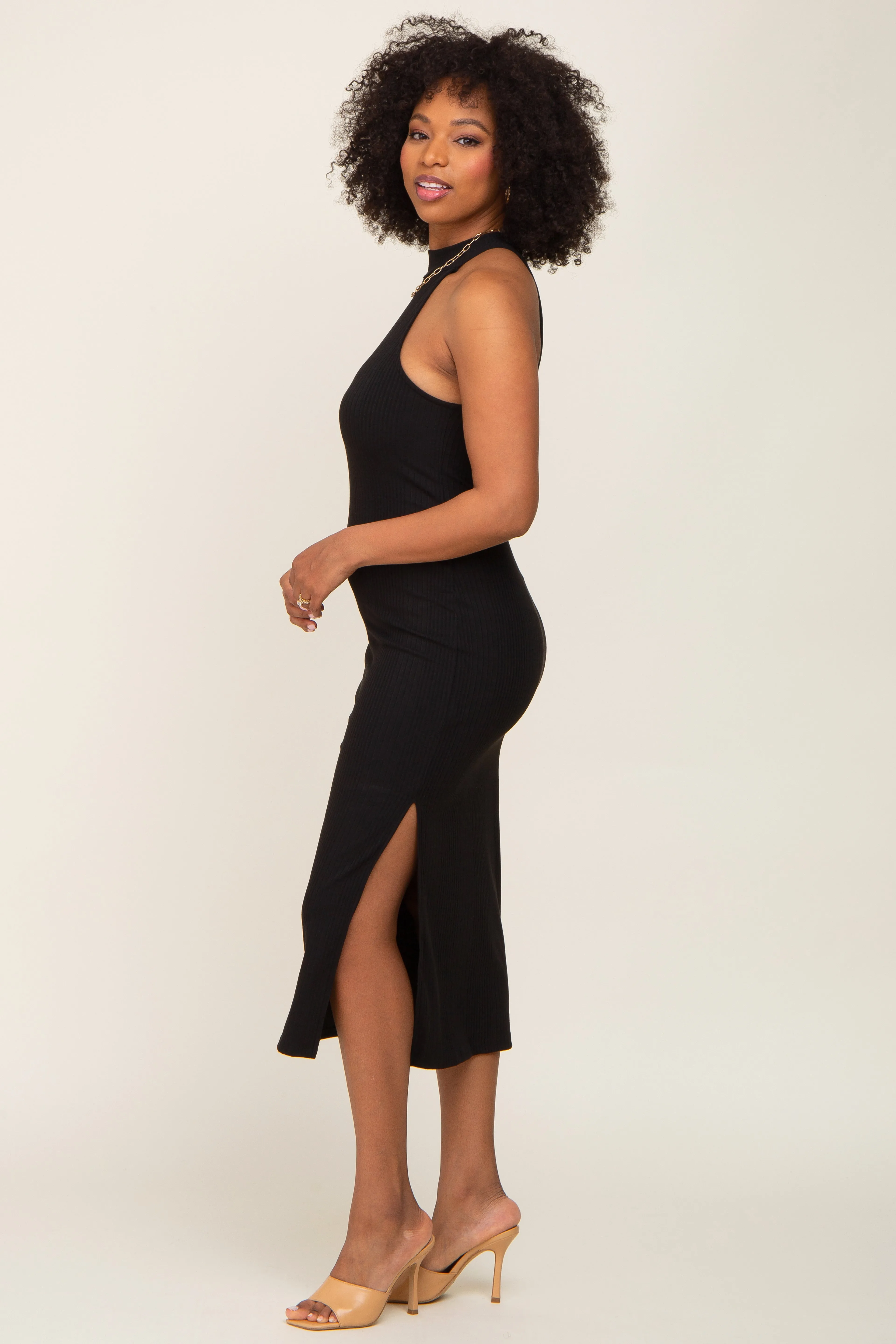 Black Ribbed Mock Neck Sleeveless Side Slit Midi Dress sold by Pinkblush product image thumbnail 2