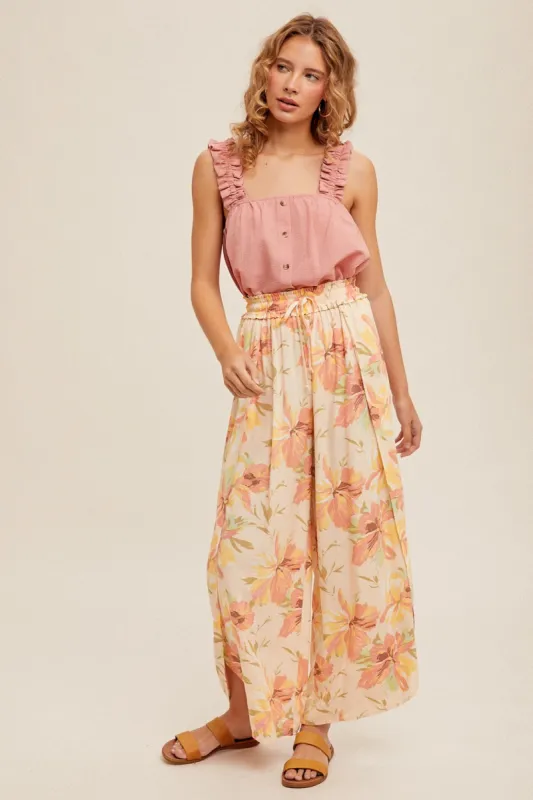 Orange Tropical Floral Print Wide Leg Tulip Pants sold by Pinkblush