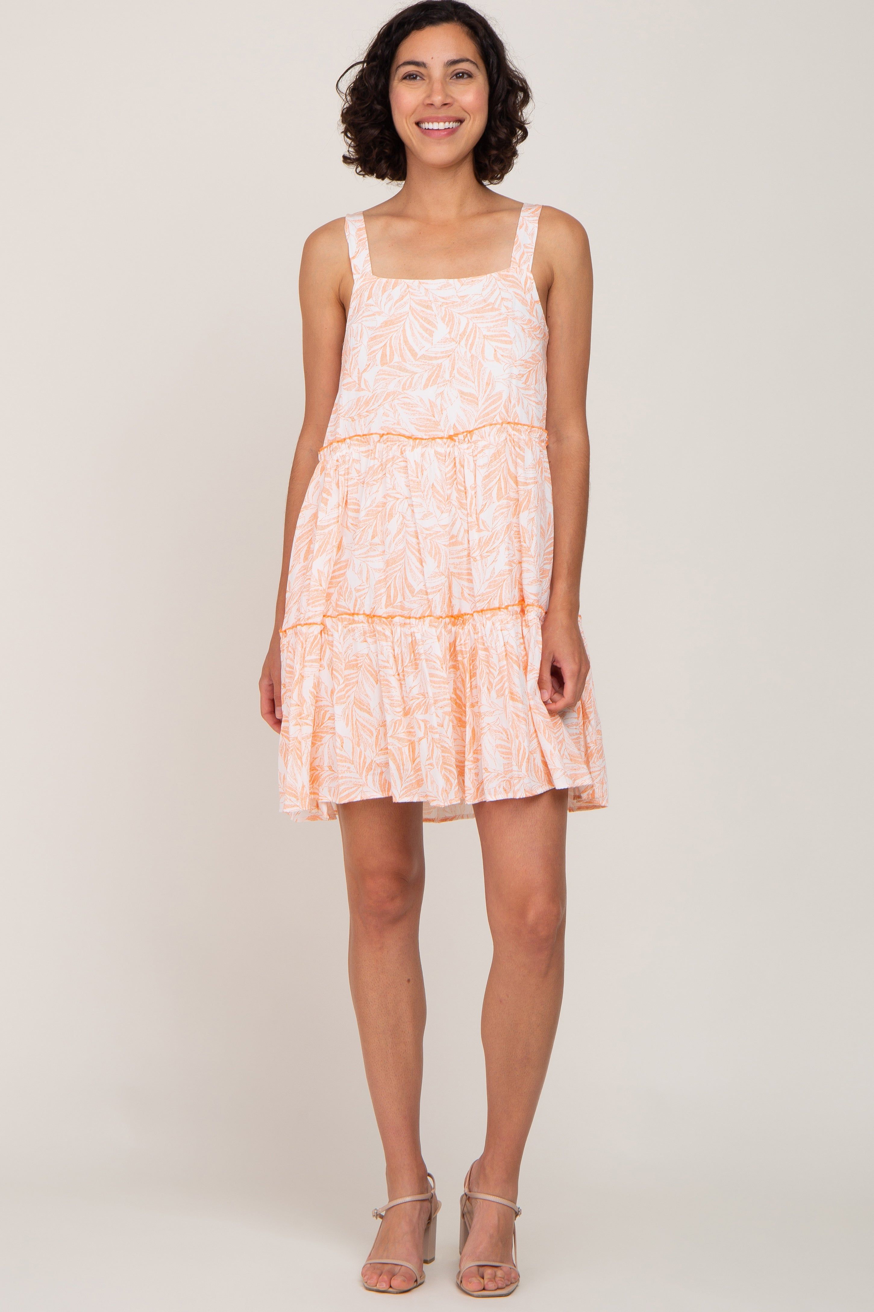 Orange Palm Printed Square Neck Ruffle Tiered Dress sold by Pinkblush