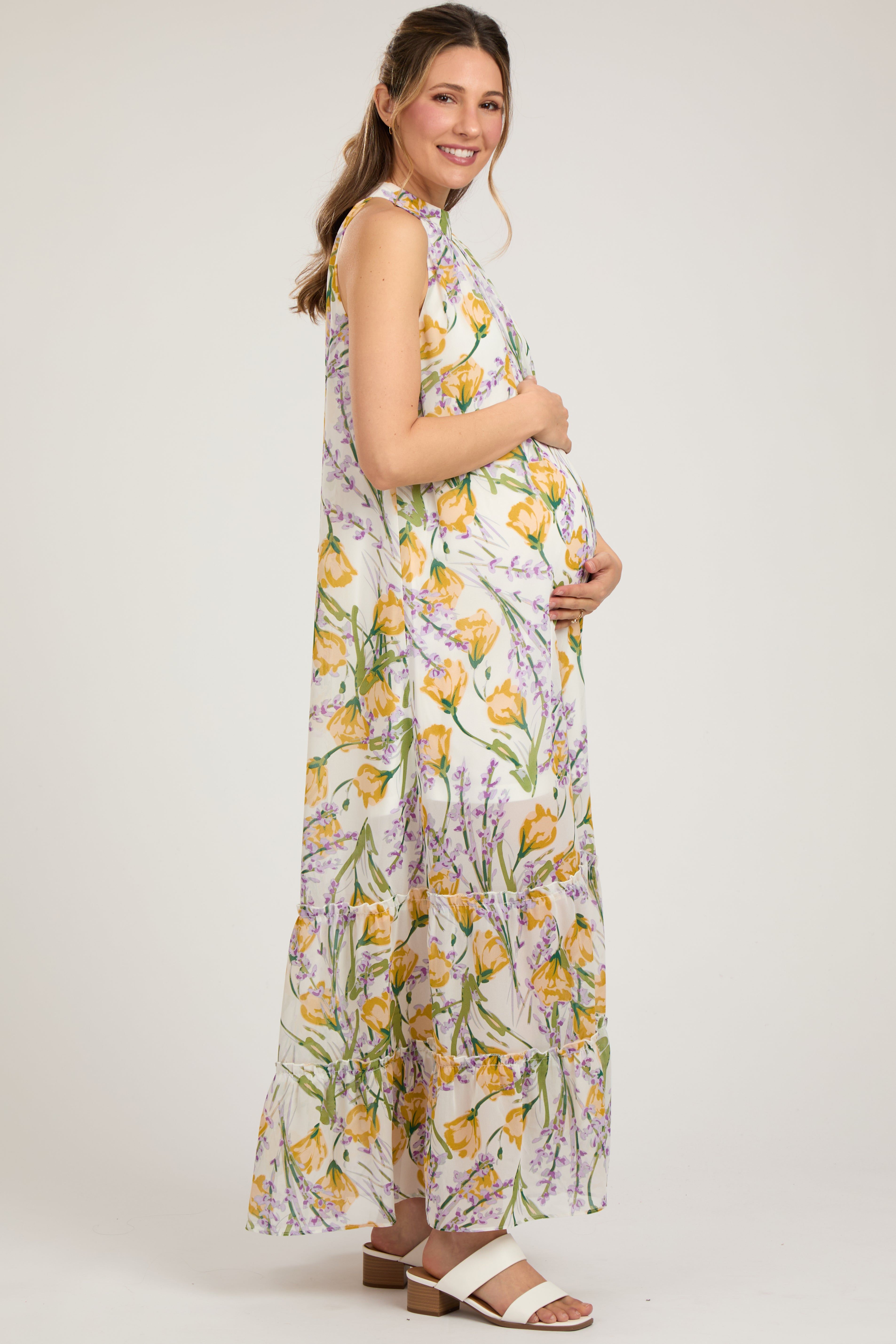 White Floral Halter Maternity Maxi Dress sold by Pinkblush product image thumbnail 2
