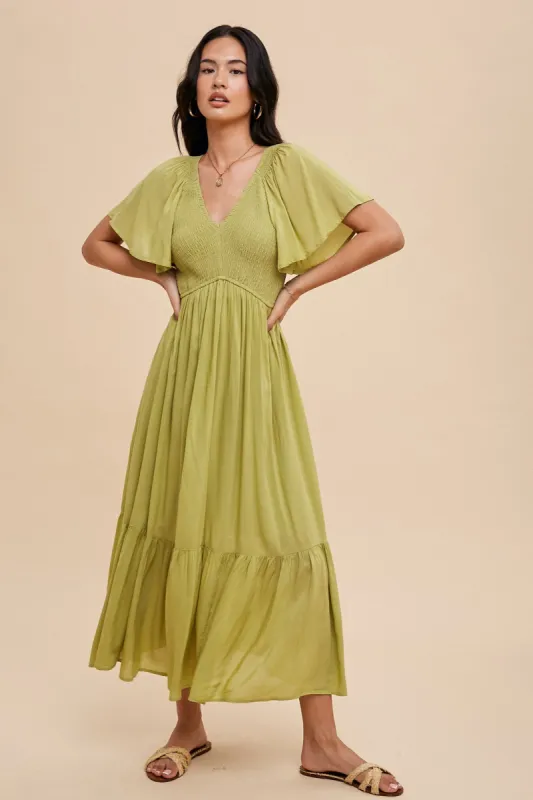 Green Smocked Flutter Sleeve Midi Dress sold by Pinkblush
