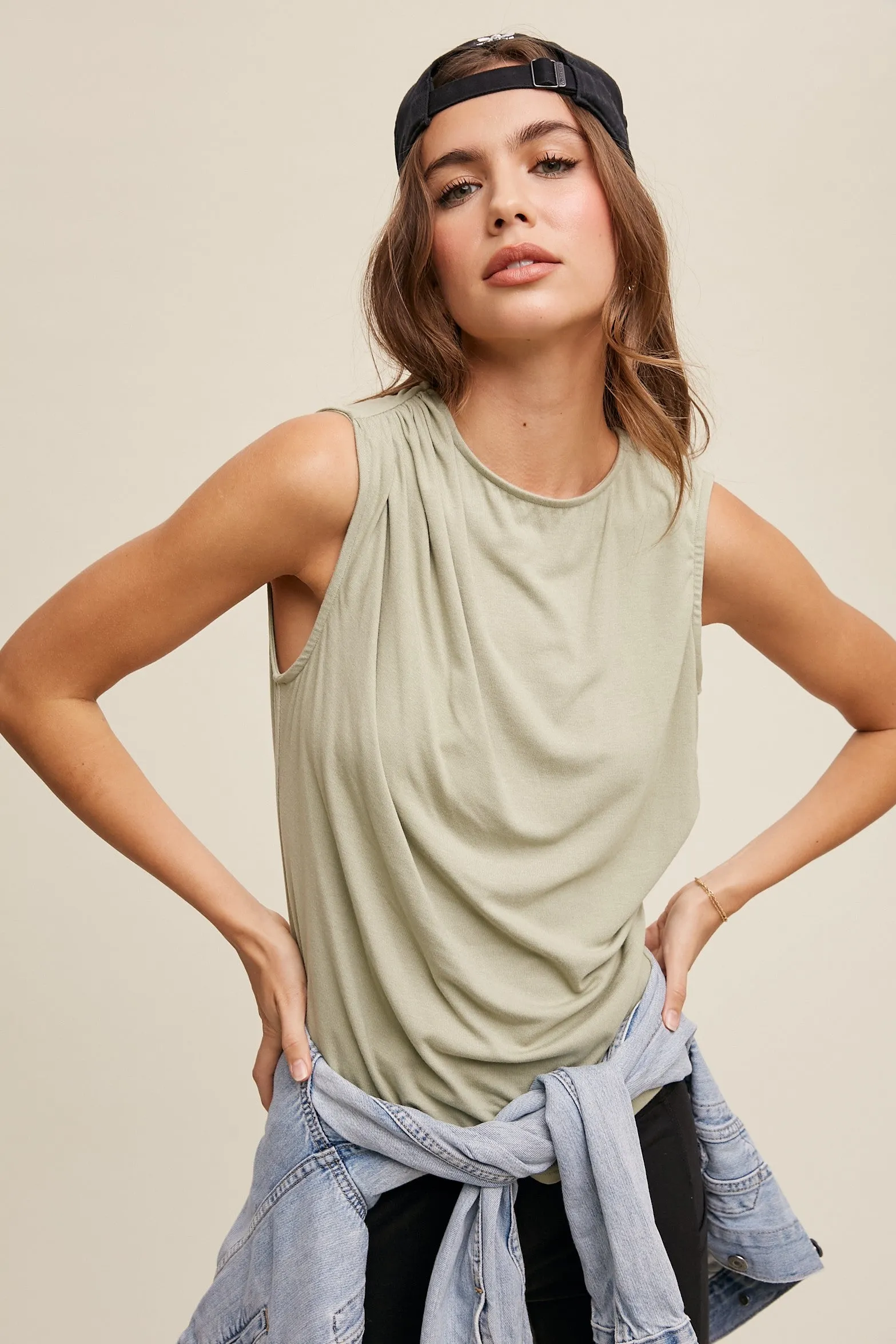 Green Lily Cintched Detail Tank T-Shirt sold by Pinkblush