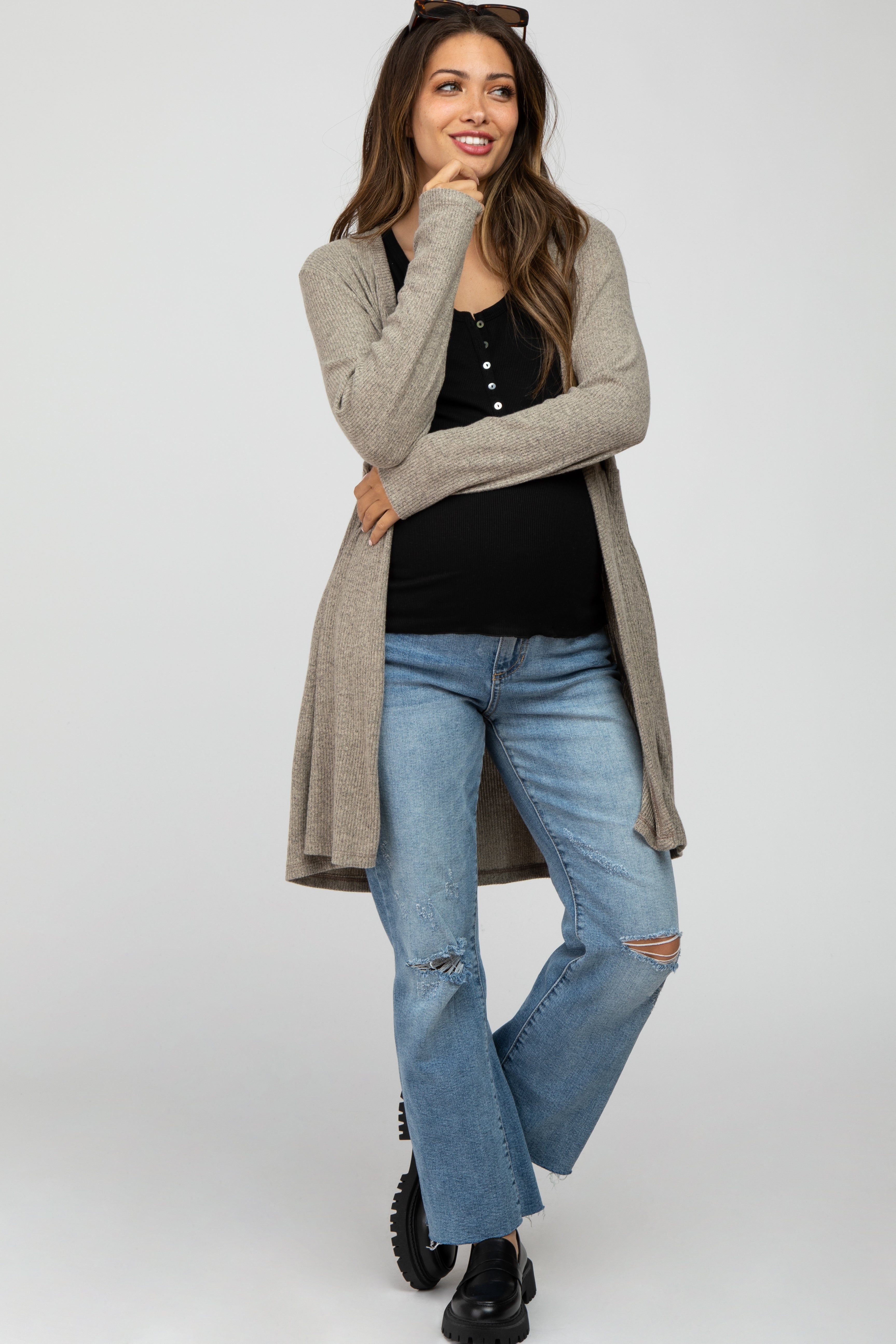 Mocha Gathered Open Front Maternity Cardigan sold by Pinkblush