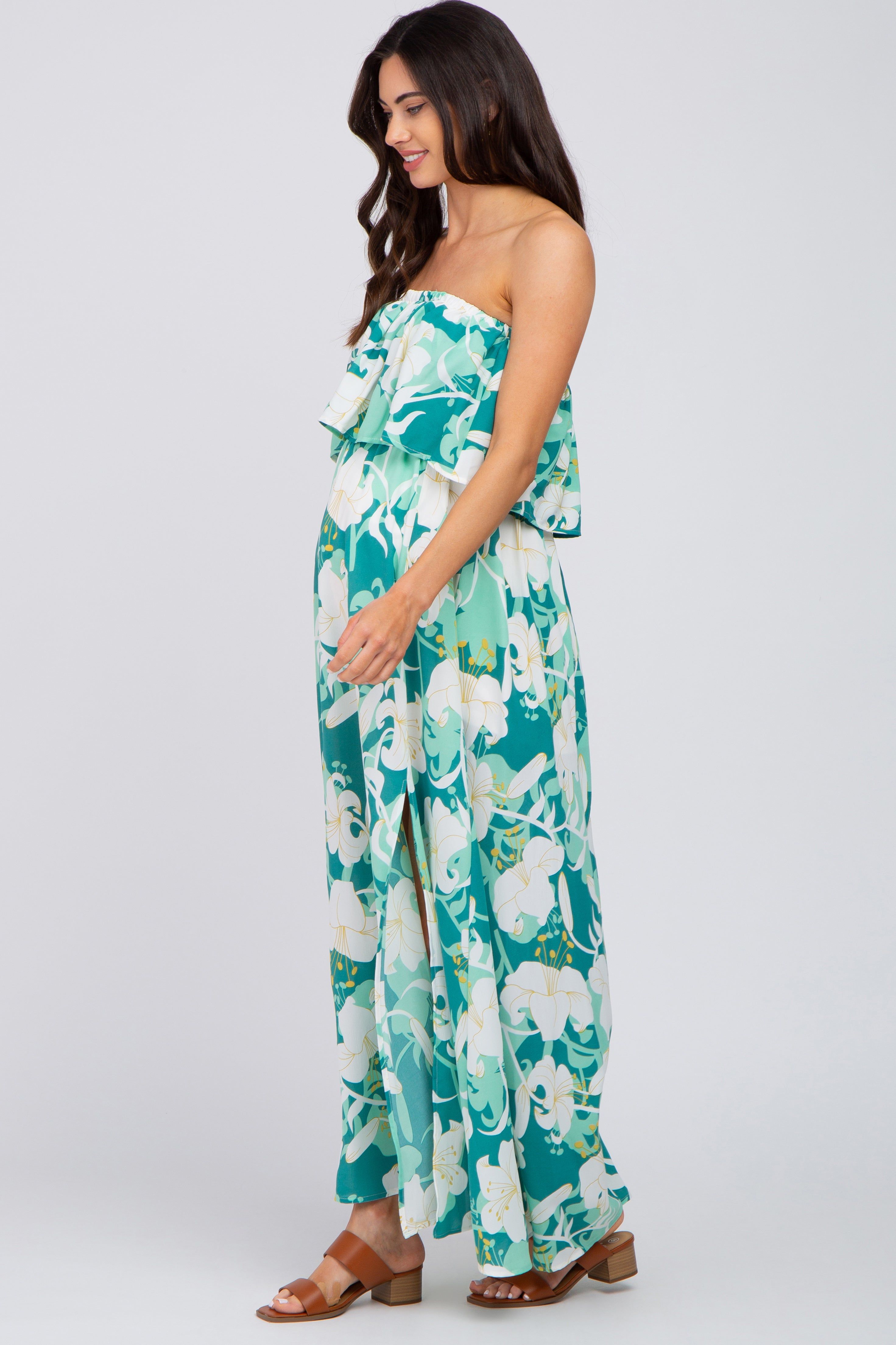 Green Floral Flounce Strapless Maternity Maxi Dress sold by Pinkblush product image thumbnail 2