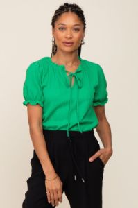 Green Ruffle Accent Tie Front Blouse sold by Pinkblush
