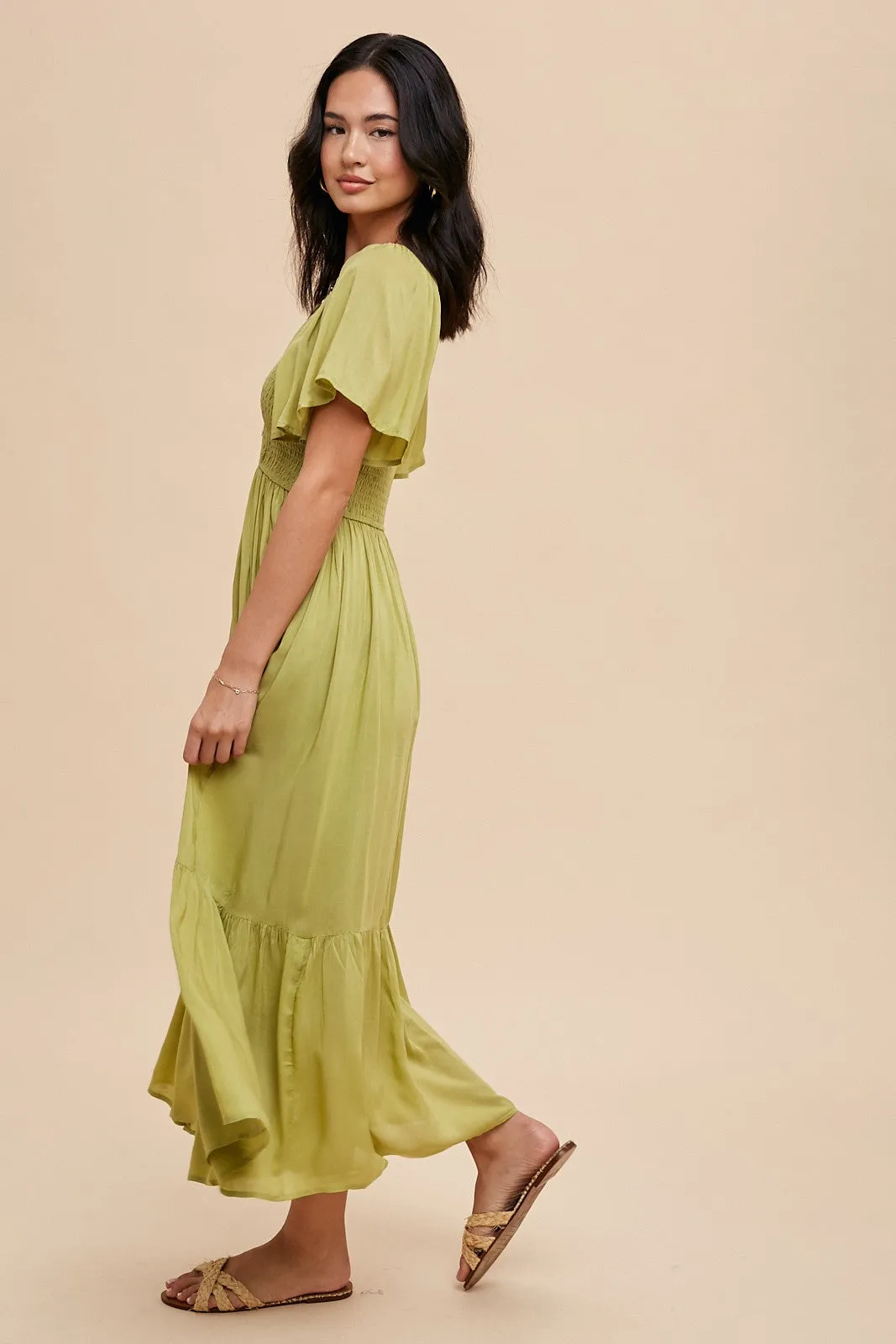 Green Smocked Flutter Sleeve Midi Dress sold by Pinkblush product image thumbnail 2