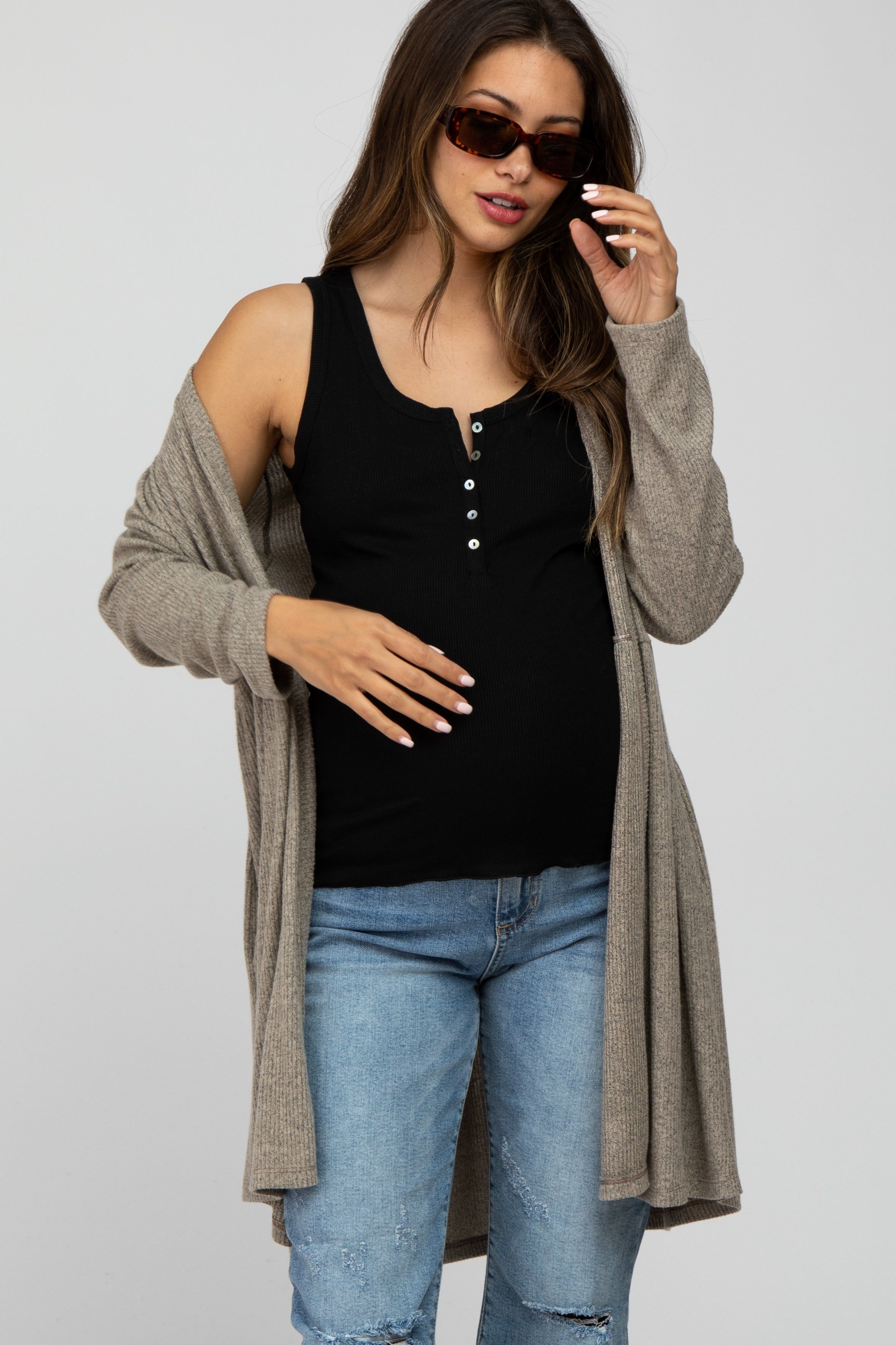 Mocha Gathered Open Front Maternity Cardigan sold by Pinkblush product image thumbnail 2
