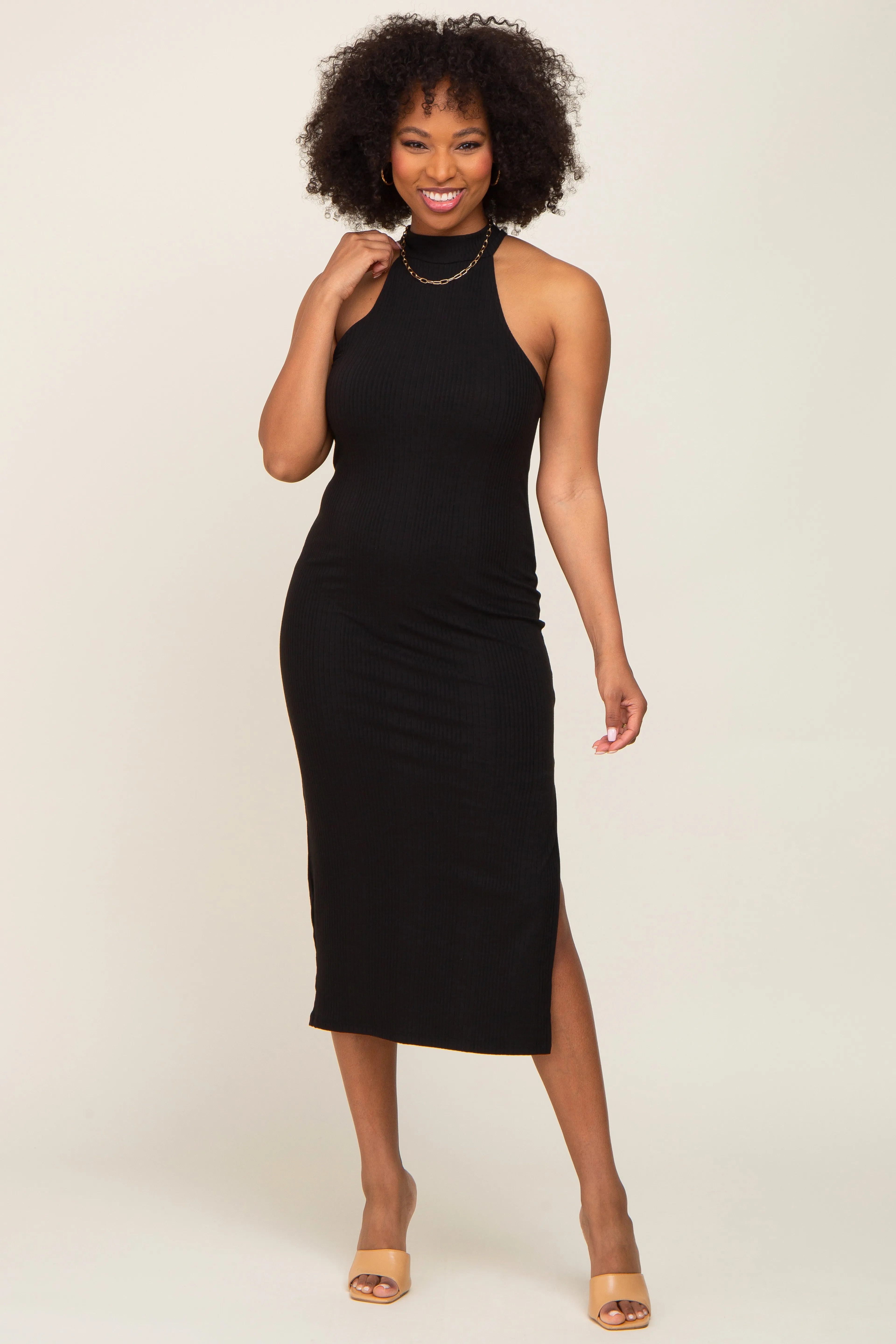 Black Ribbed Mock Neck Sleeveless Side Slit Midi Dress sold by Pinkblush product image thumbnail 4