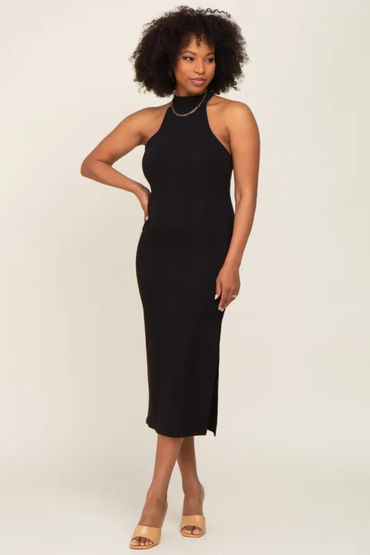 Black Ribbed Mock Neck Sleeveless Side Slit Midi Dress sold by Pinkblush