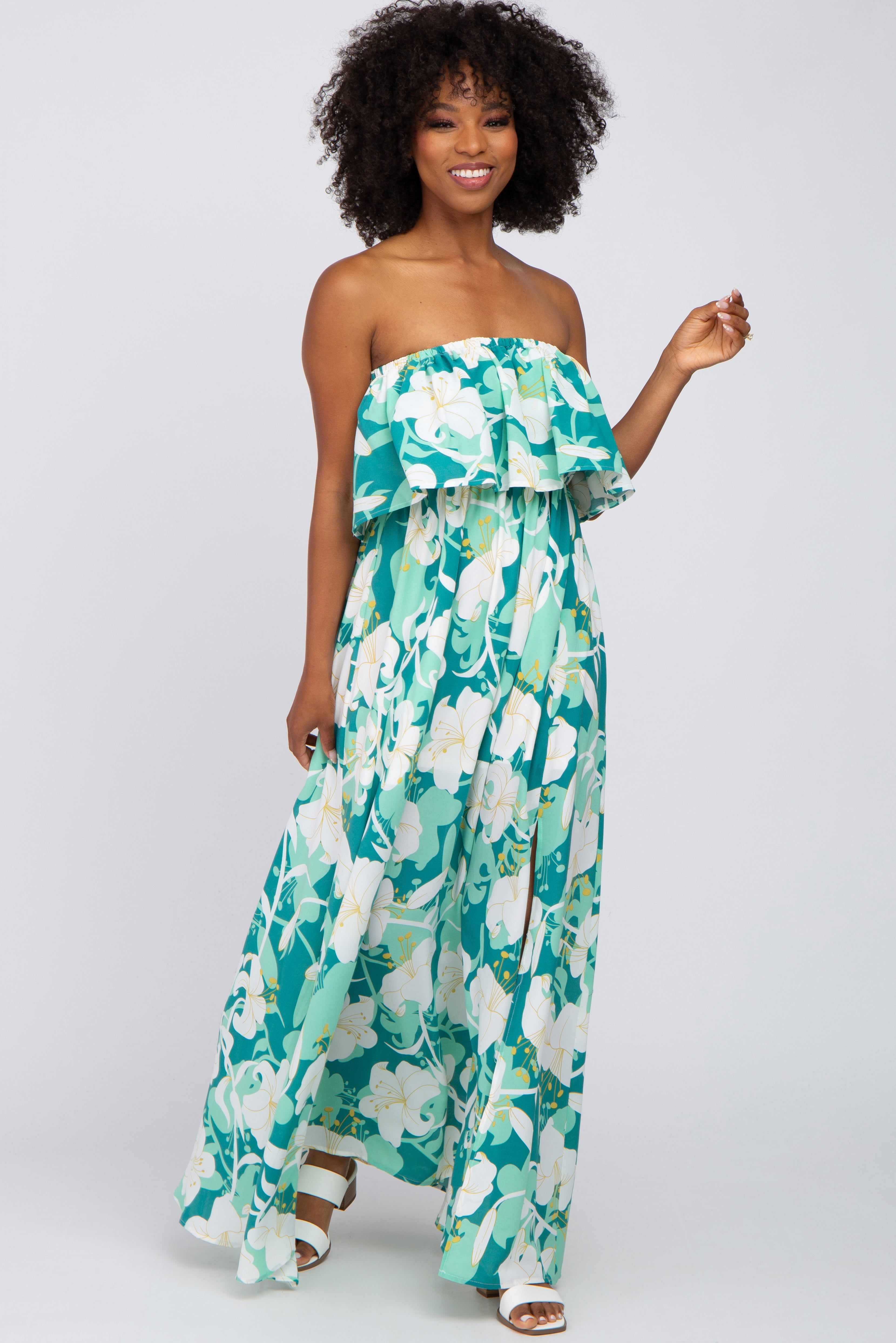 Green Floral Flounce Strapless Maternity Maxi Dress sold by Pinkblush product image thumbnail 4