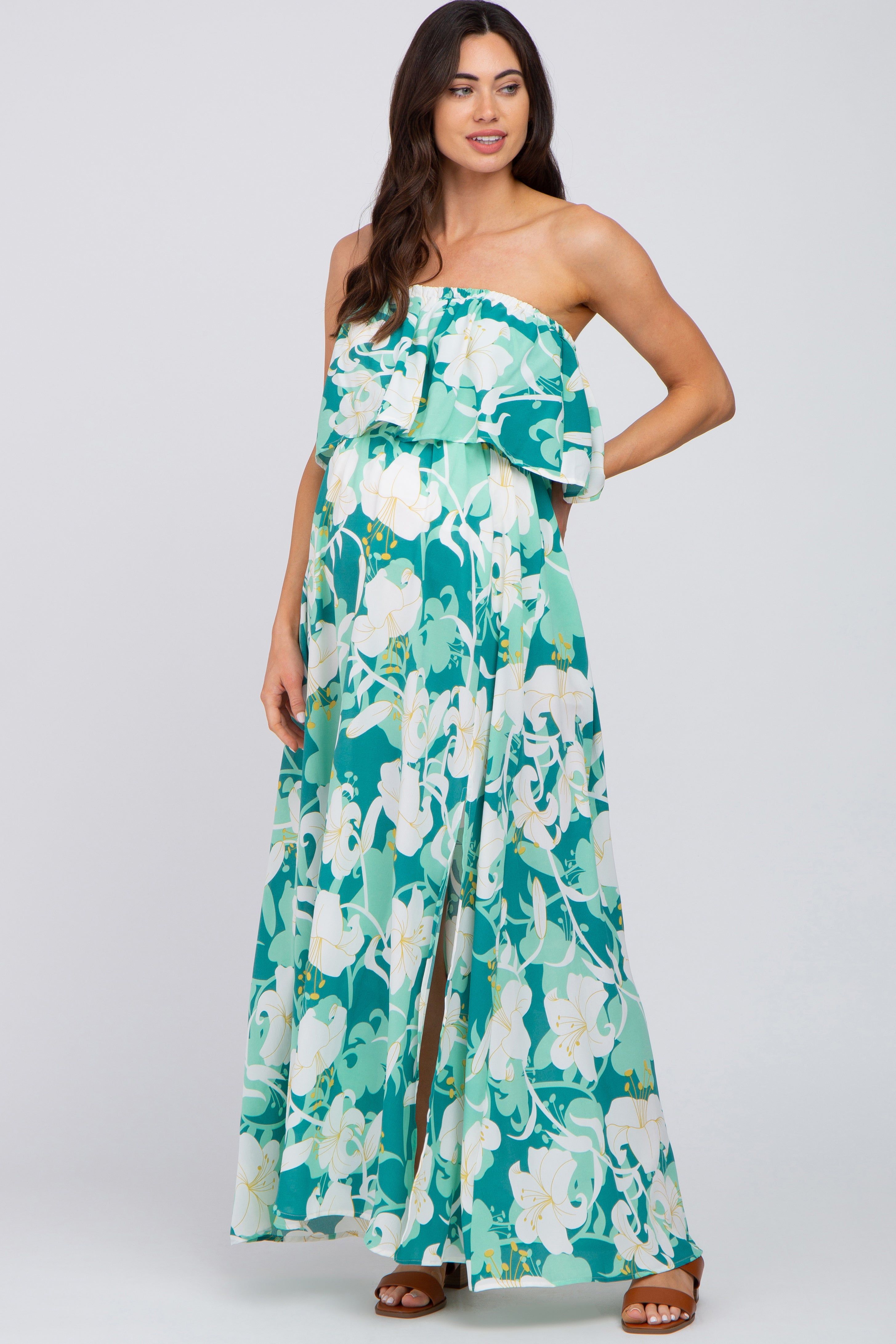 Green Floral Flounce Strapless Maternity Maxi Dress sold by Pinkblush