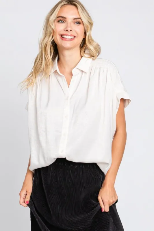 White Satin Button Front Collared Short Sleeve Top sold by Pinkblush