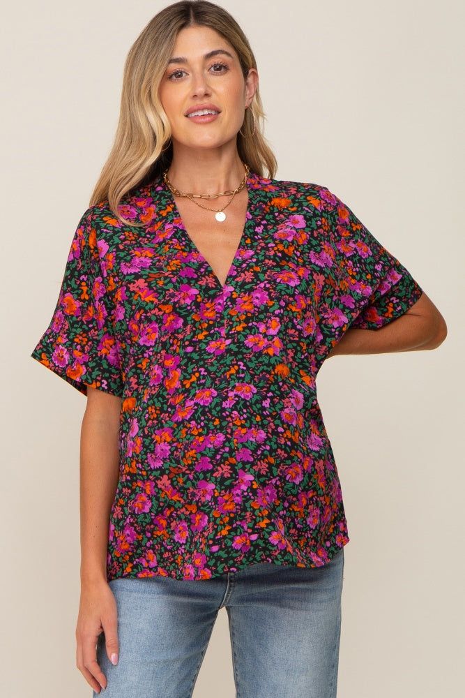 Black Floral V-Neck Short Dolman Sleeve Maternity Top sold by Pinkblush
