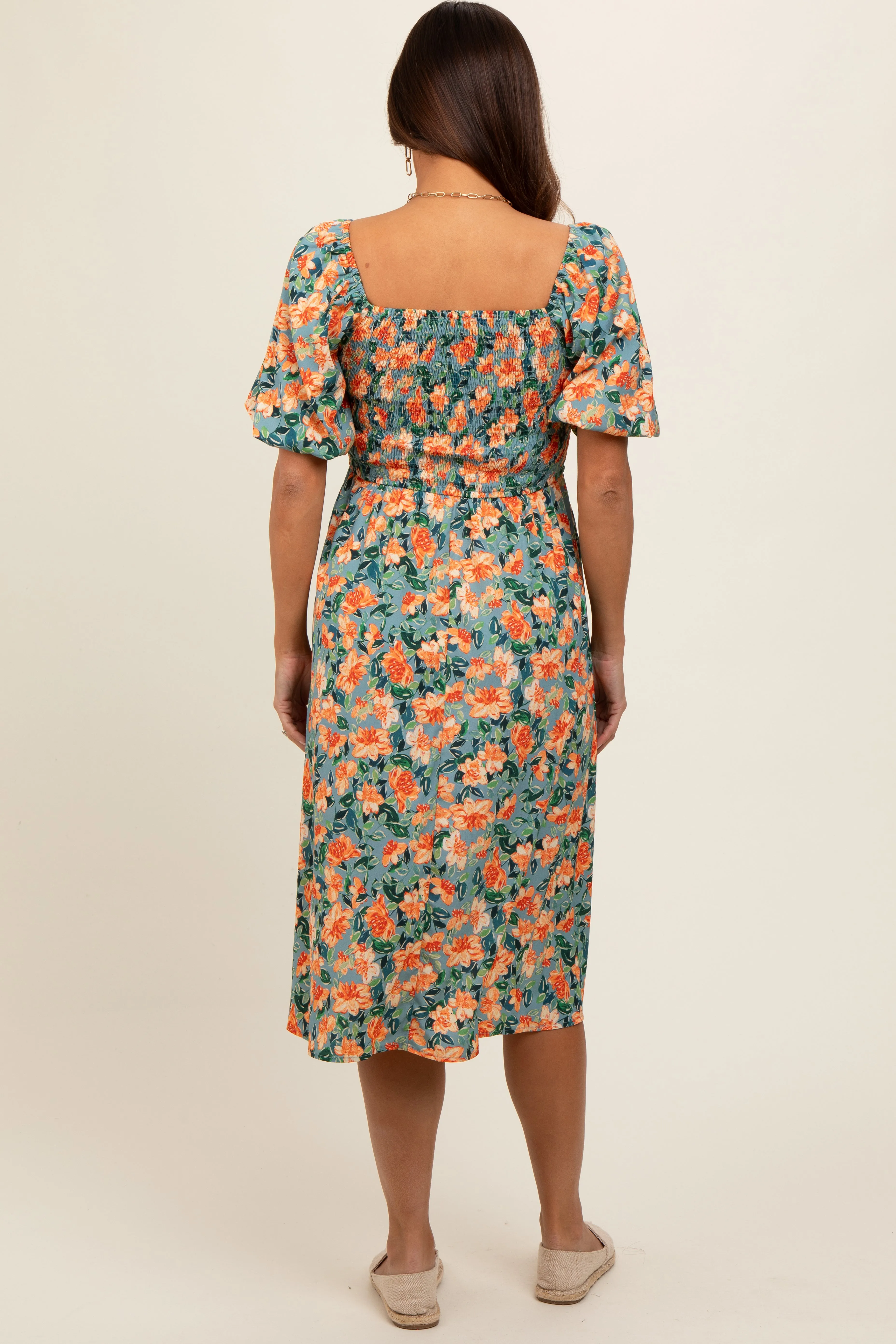 Blue Floral Square Neck Smocked Short Puff Sleeve Maternity Midi Dress sold by Pinkblush product image thumbnail 2