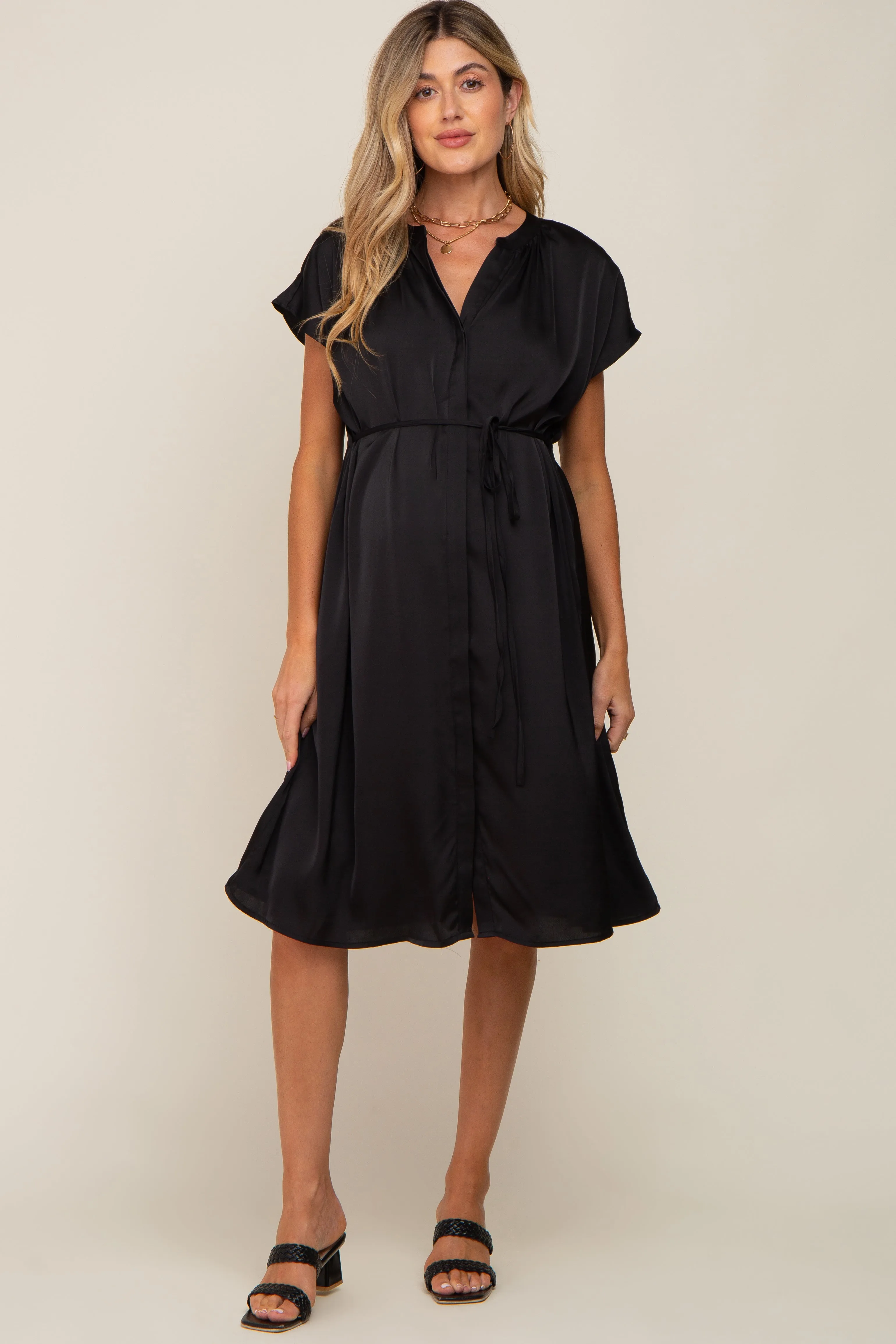 Black Satin Button Front Waist Tie Maternity Midi Dress sold by Pinkblush product image thumbnail 2