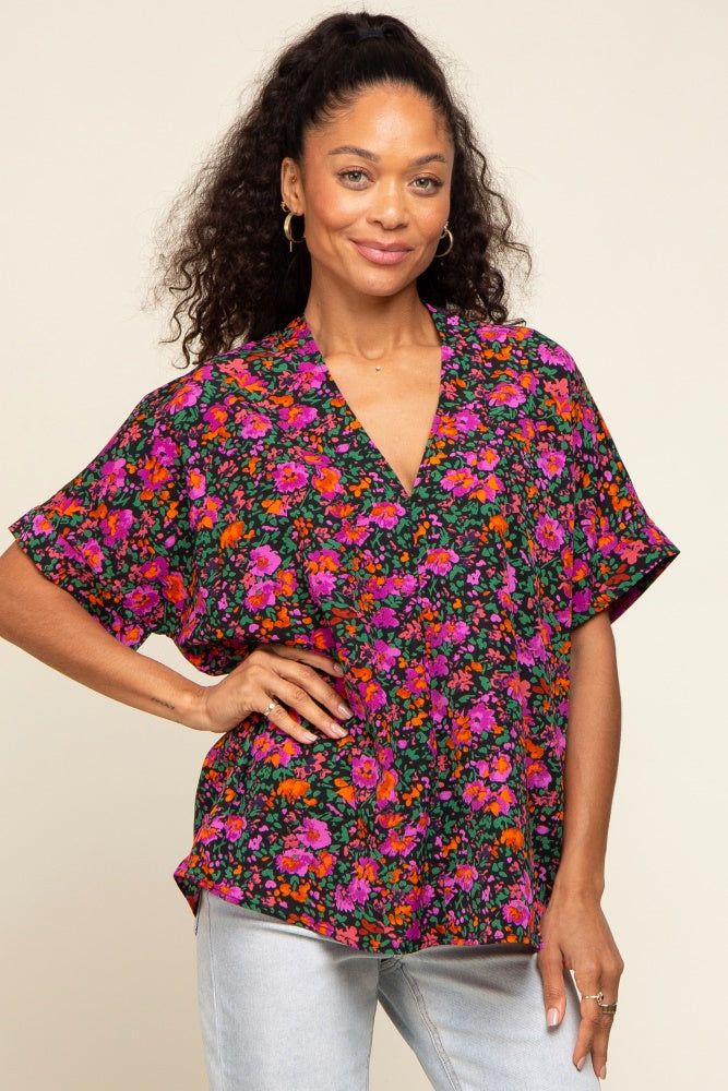 Black Floral V-Neck Short Dolman Sleeve Maternity Top sold by Pinkblush product image thumbnail 5