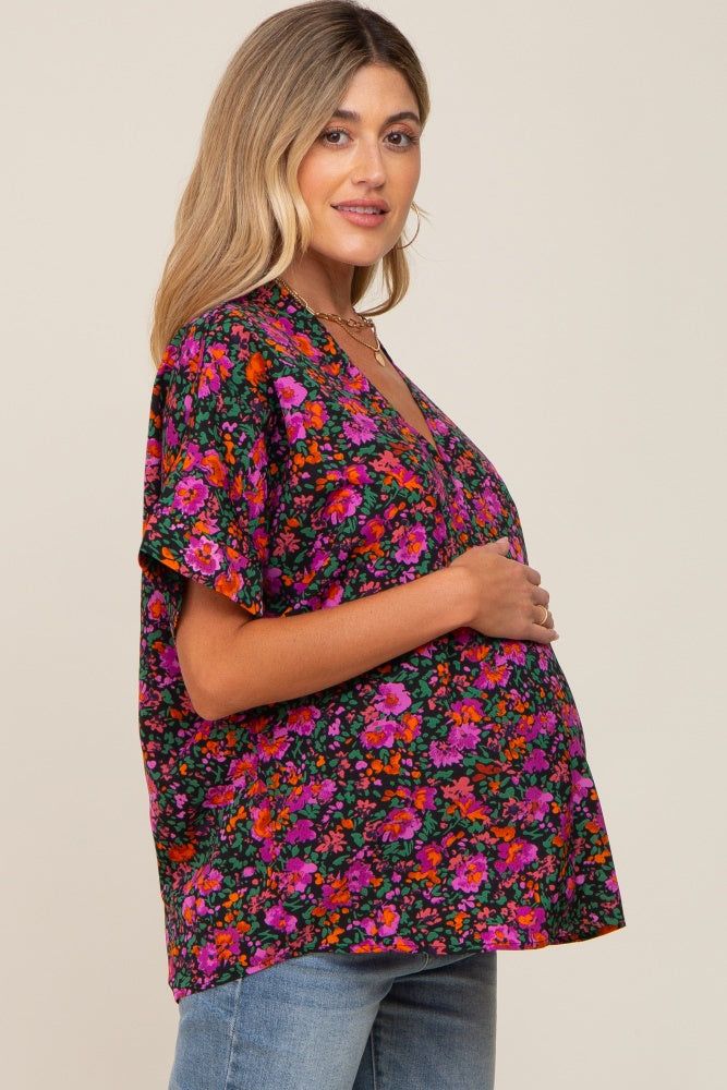 Black Floral V-Neck Short Dolman Sleeve Maternity Top sold by Pinkblush product image thumbnail 2