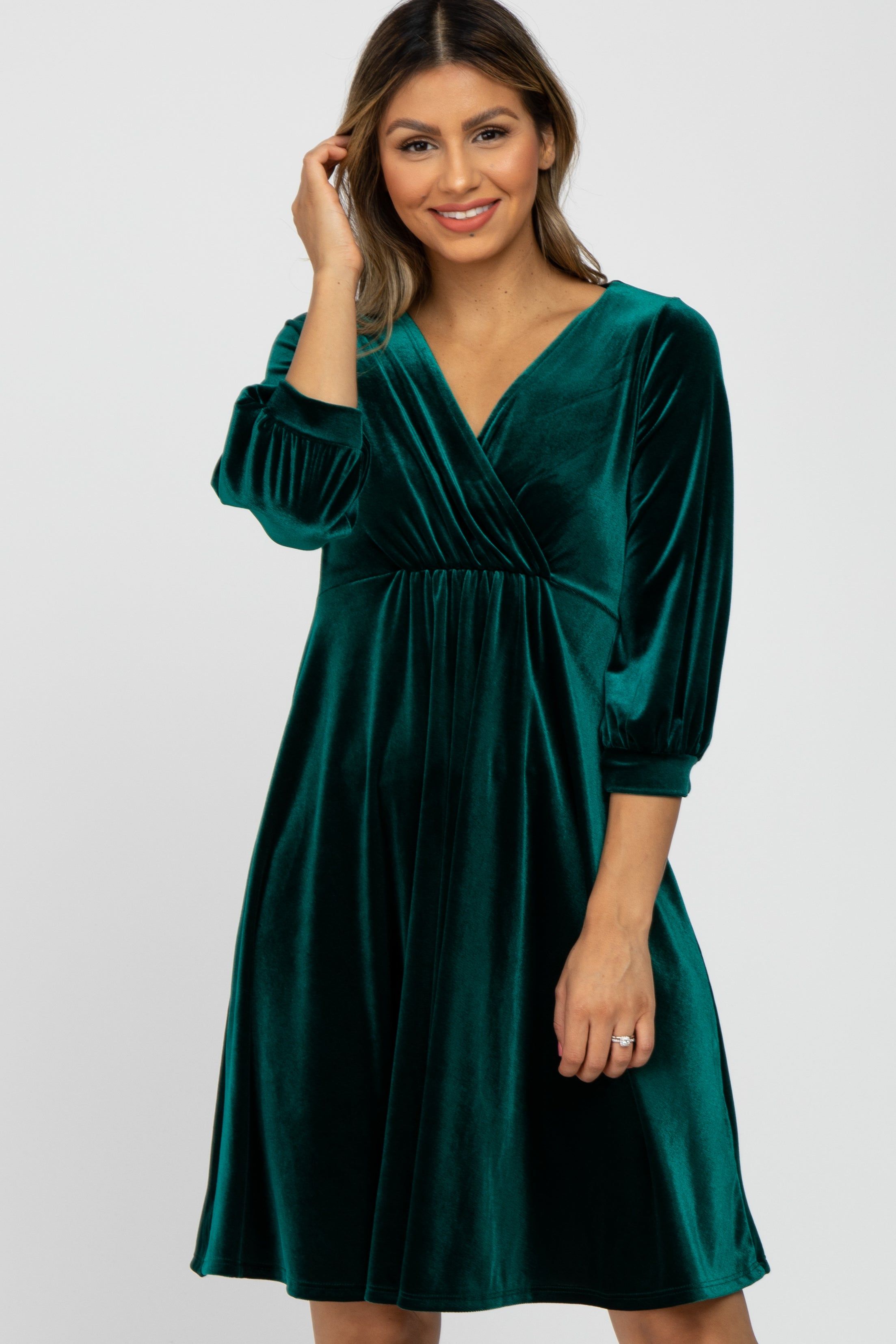 Green Velvet Wrap Front Babydoll Dress sold by Pinkblush