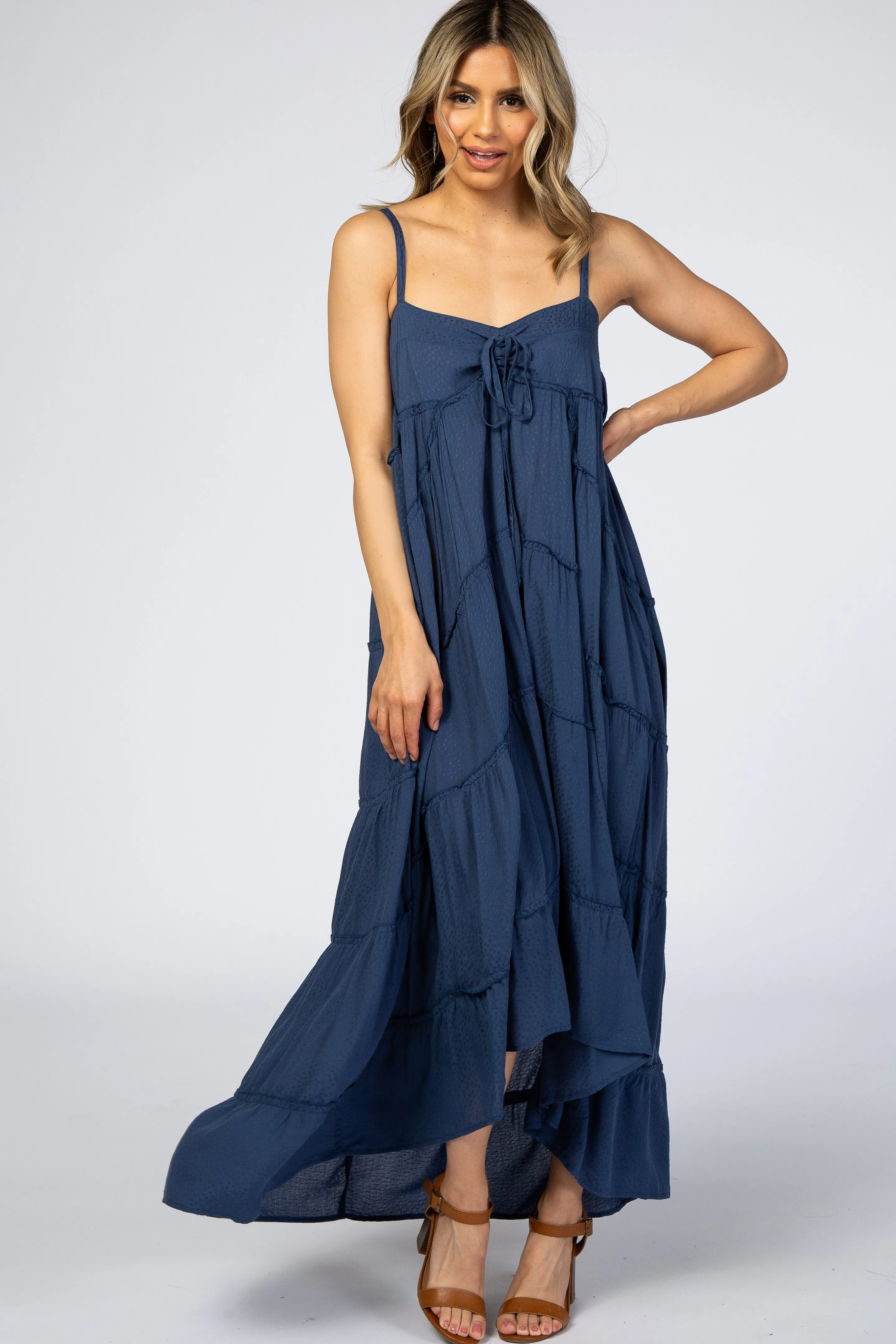 Navy Blue Ruffle Tier Hi-Low Dress sold by Pinkblush