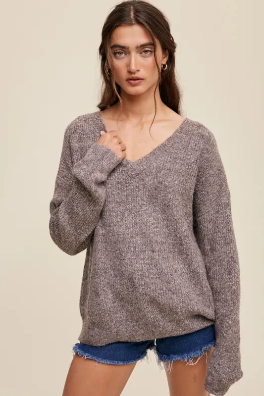 Mocha V-Neck Relaxed Fit Sweater sold by Pinkblush
