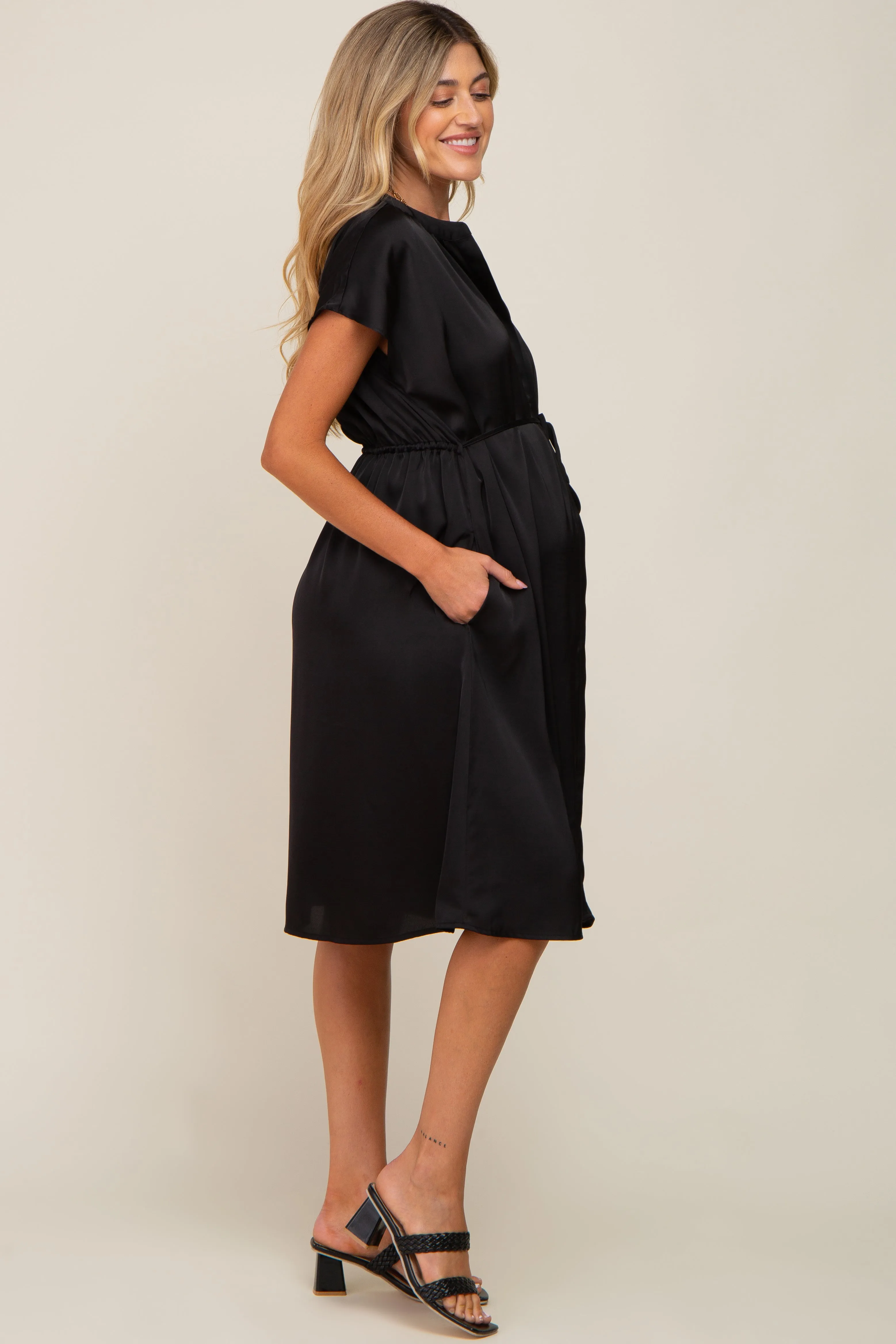 Black Satin Button Front Waist Tie Maternity Midi Dress sold by Pinkblush product image thumbnail 3