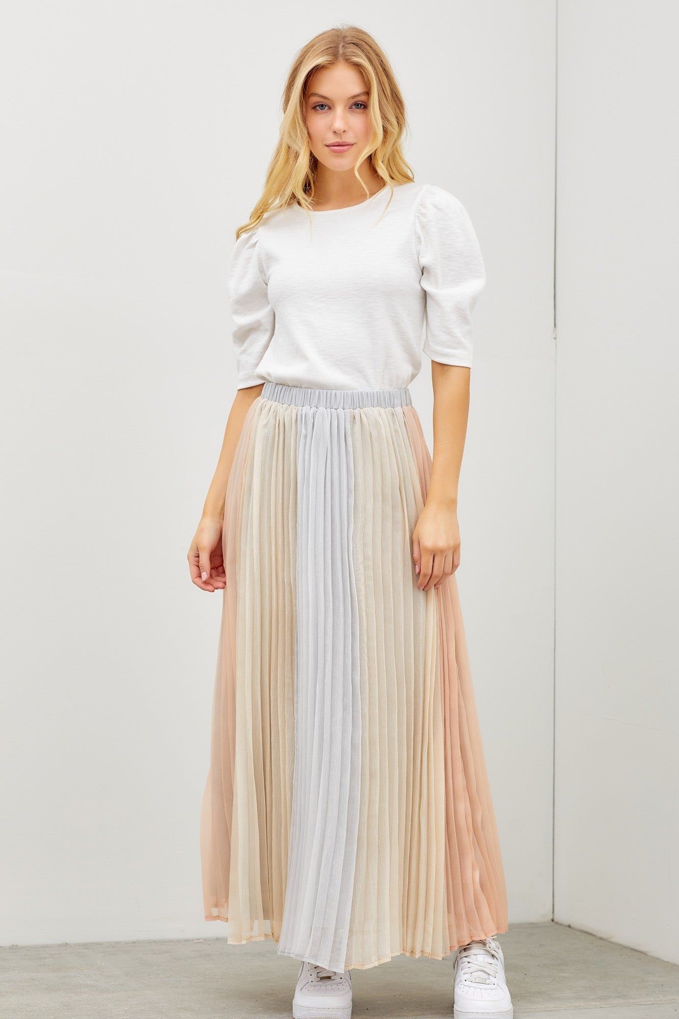 Grey Colorblocked Pleated Maxi Skirt sold by Pinkblush