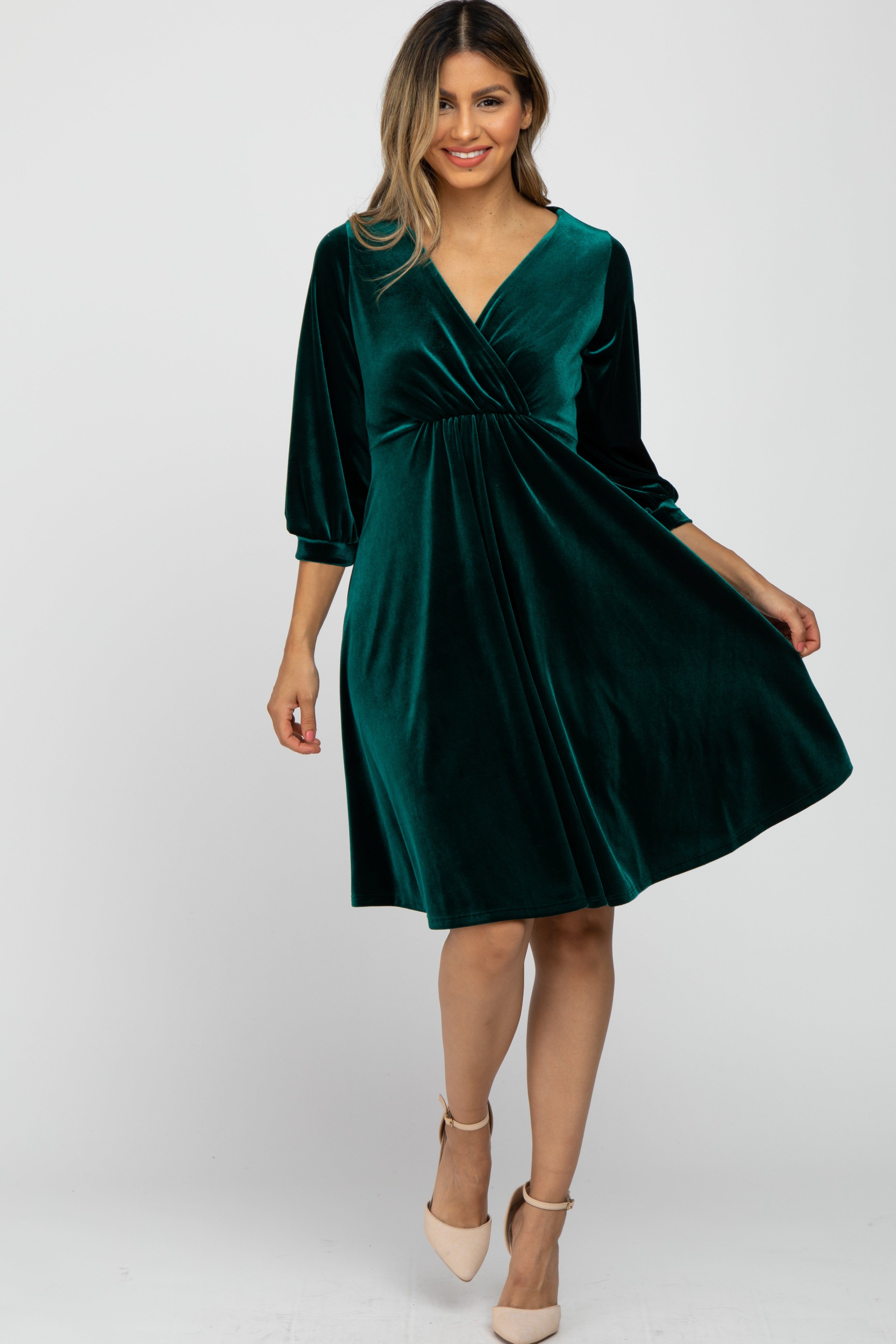 Green Velvet Wrap Front Babydoll Dress sold by Pinkblush product image thumbnail 2