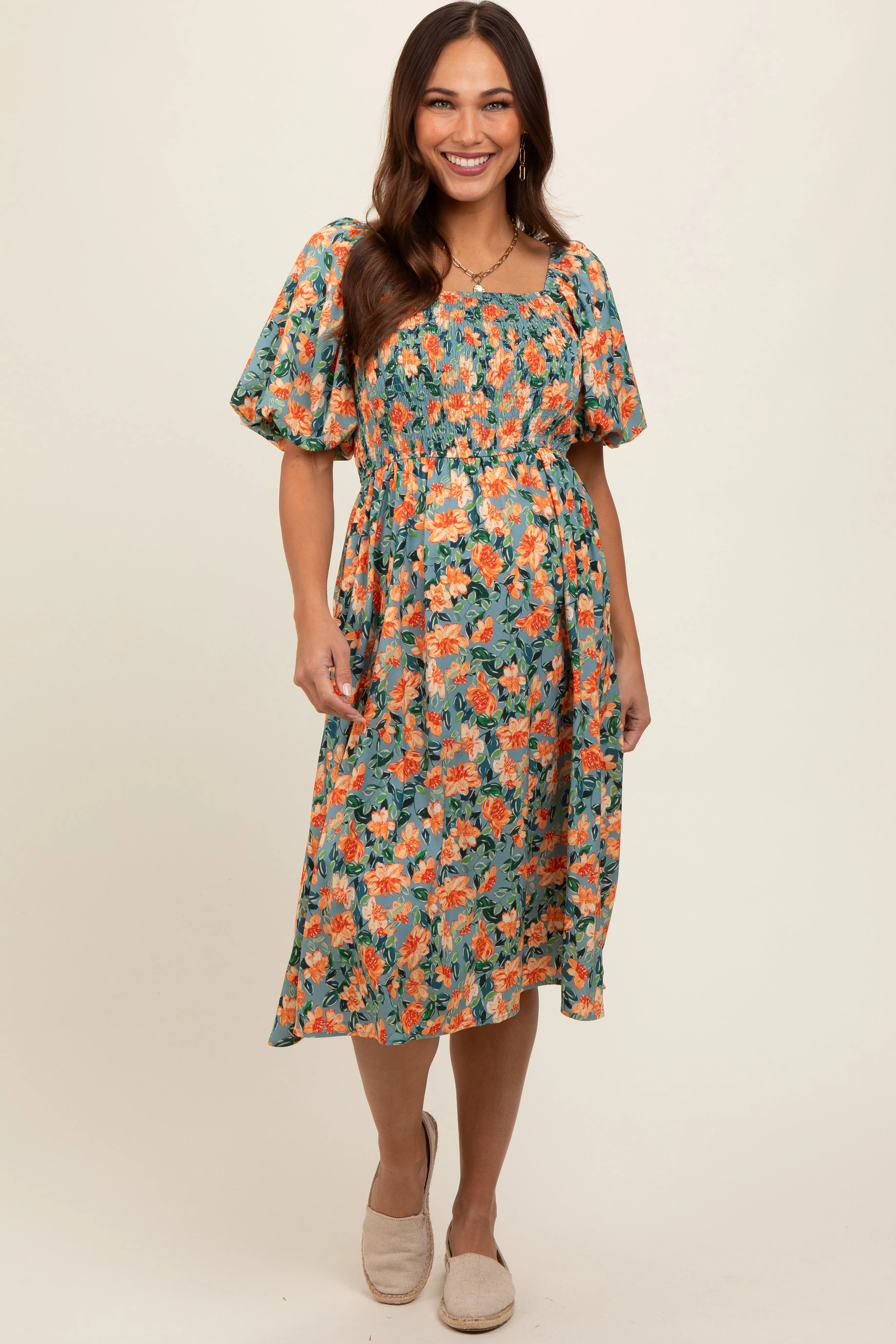 Blue Floral Square Neck Smocked Short Puff Sleeve Maternity Midi Dress sold by Pinkblush