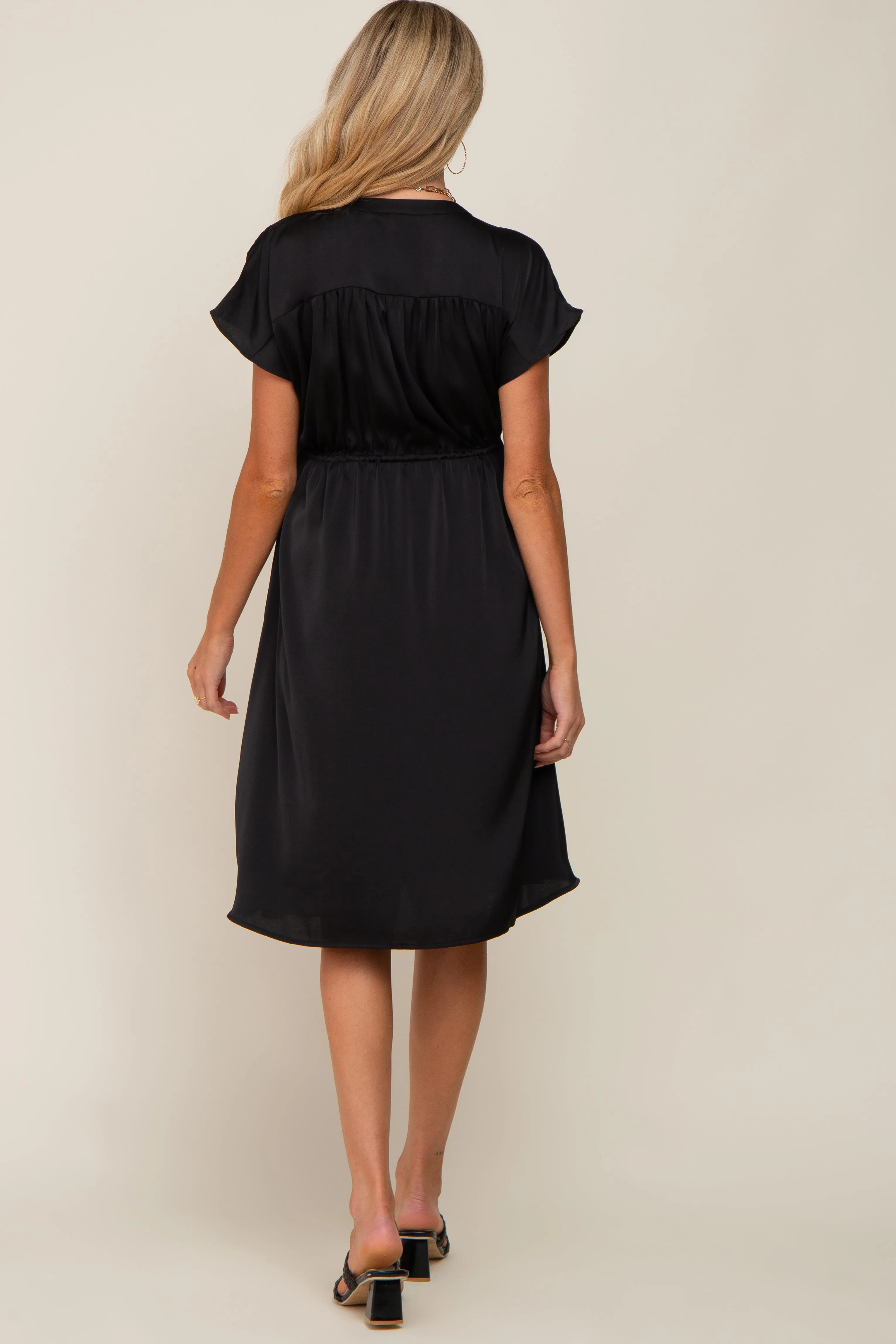 Black Satin Button Front Waist Tie Maternity Midi Dress sold by Pinkblush product image thumbnail 4