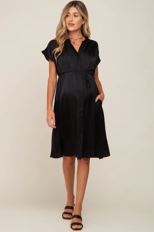 Black Satin Button Front Waist Tie Maternity Midi Dress sold by Pinkblush