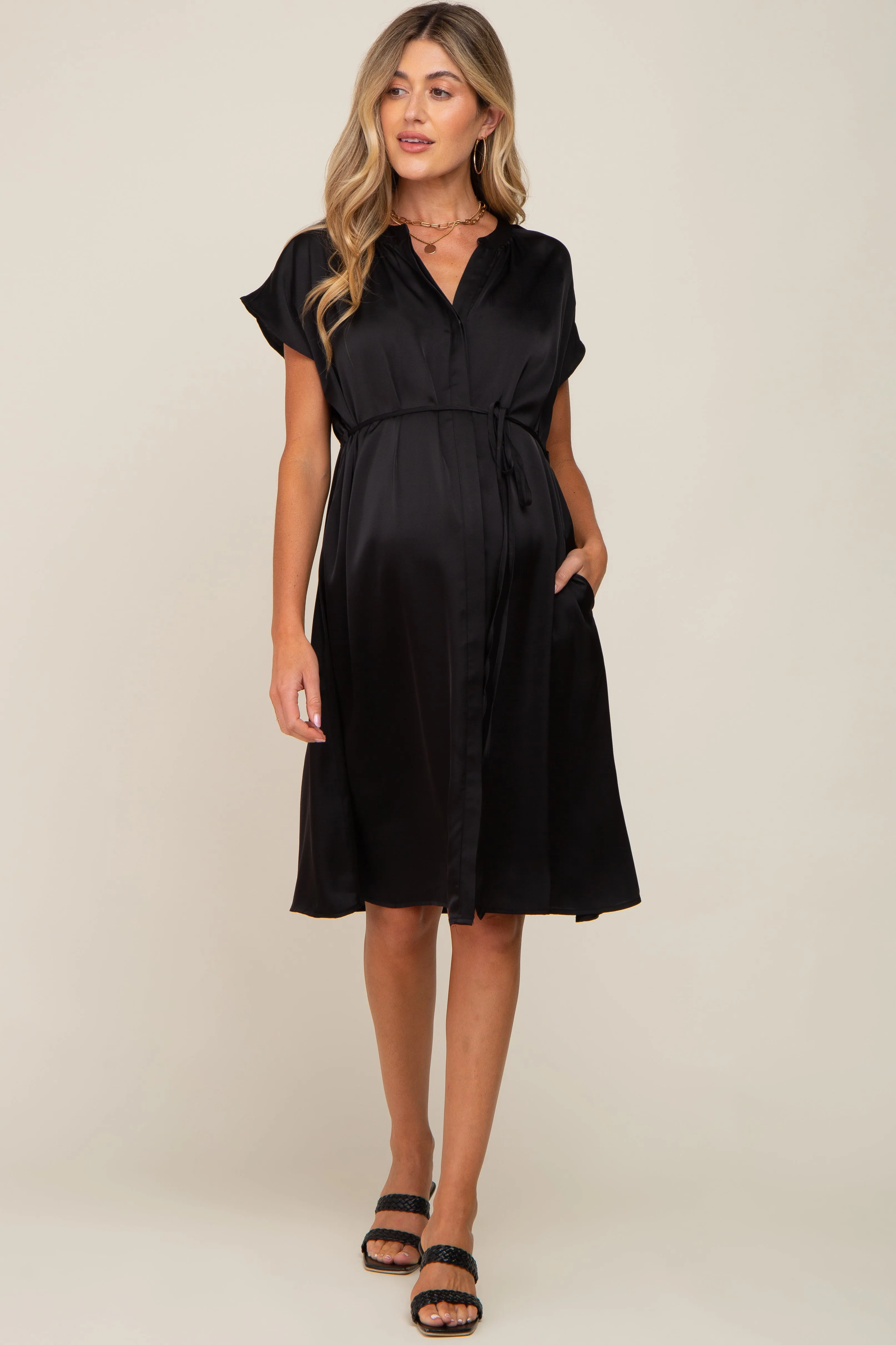 Black Satin Button Front Waist Tie Maternity Midi Dress sold by Pinkblush