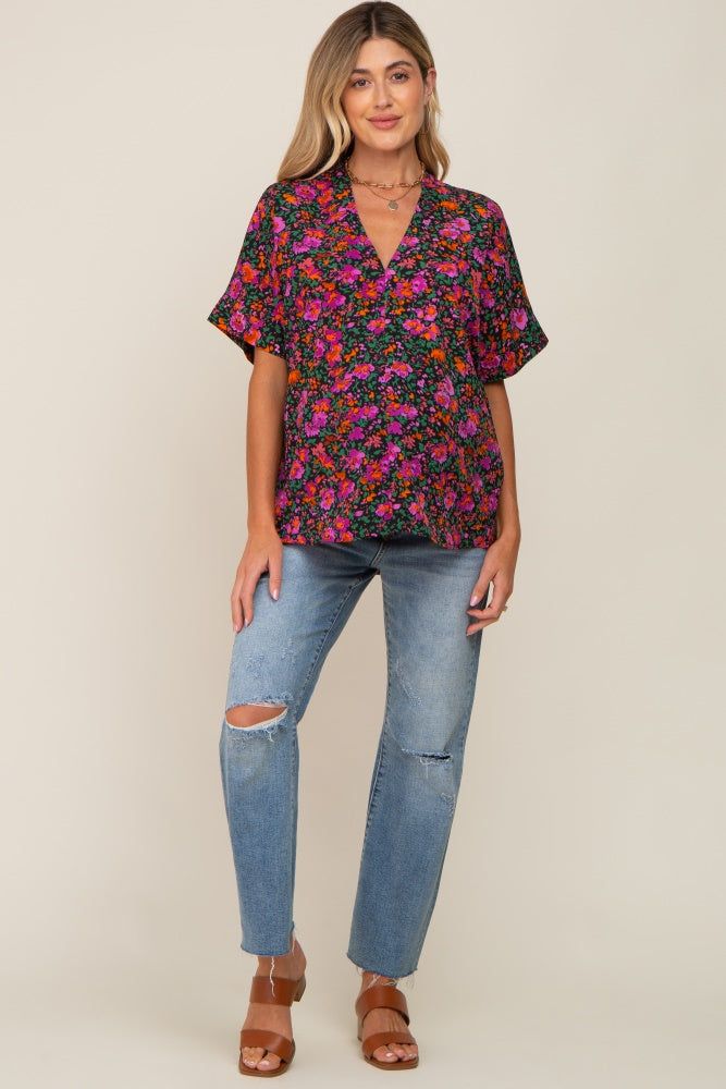 Black Floral V-Neck Short Dolman Sleeve Maternity Top sold by Pinkblush product image thumbnail 4