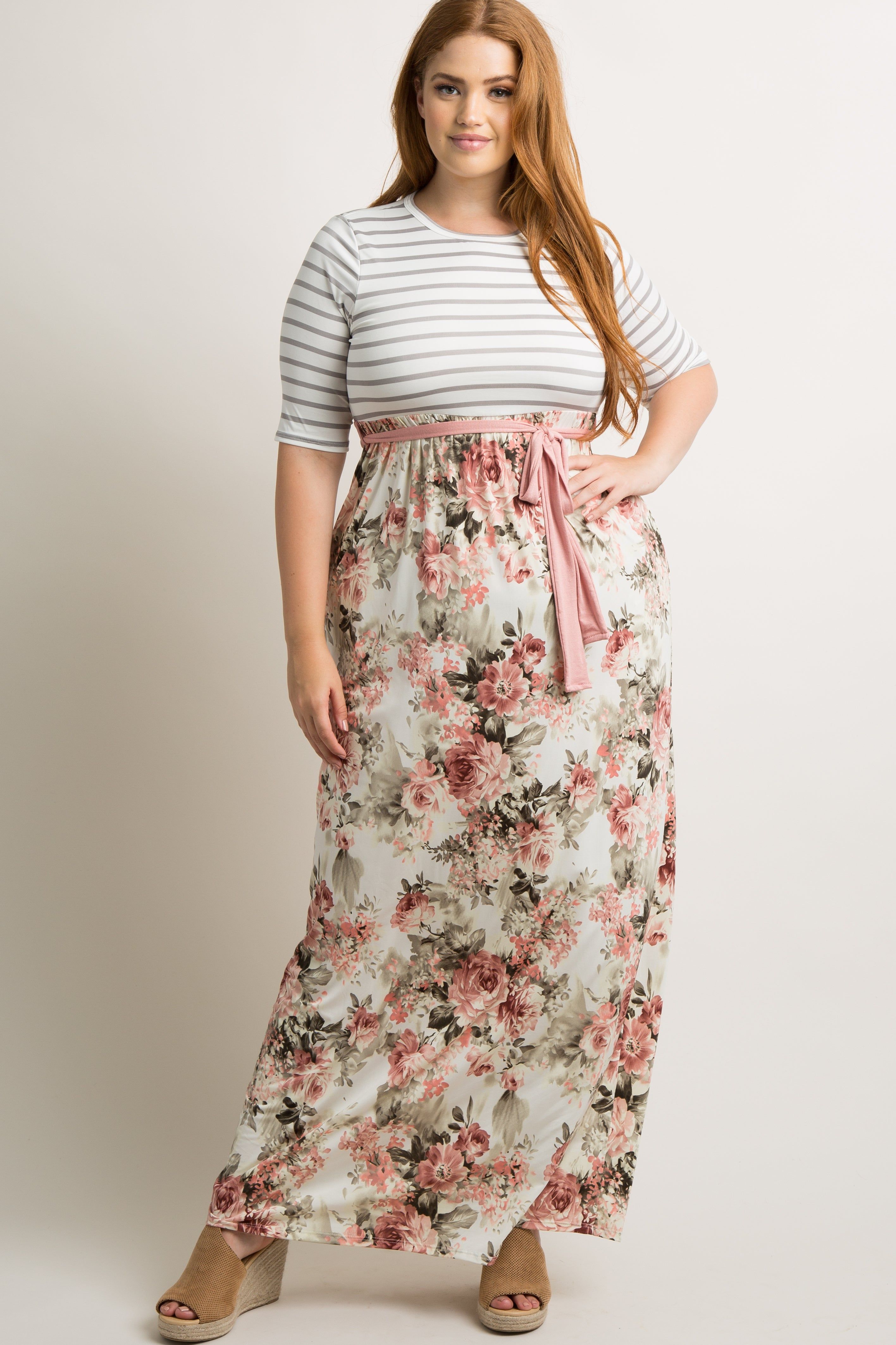 Ivory Striped Colorblock Floral Maternity Plus Maxi Dress sold by Pinkblush product image thumbnail 7