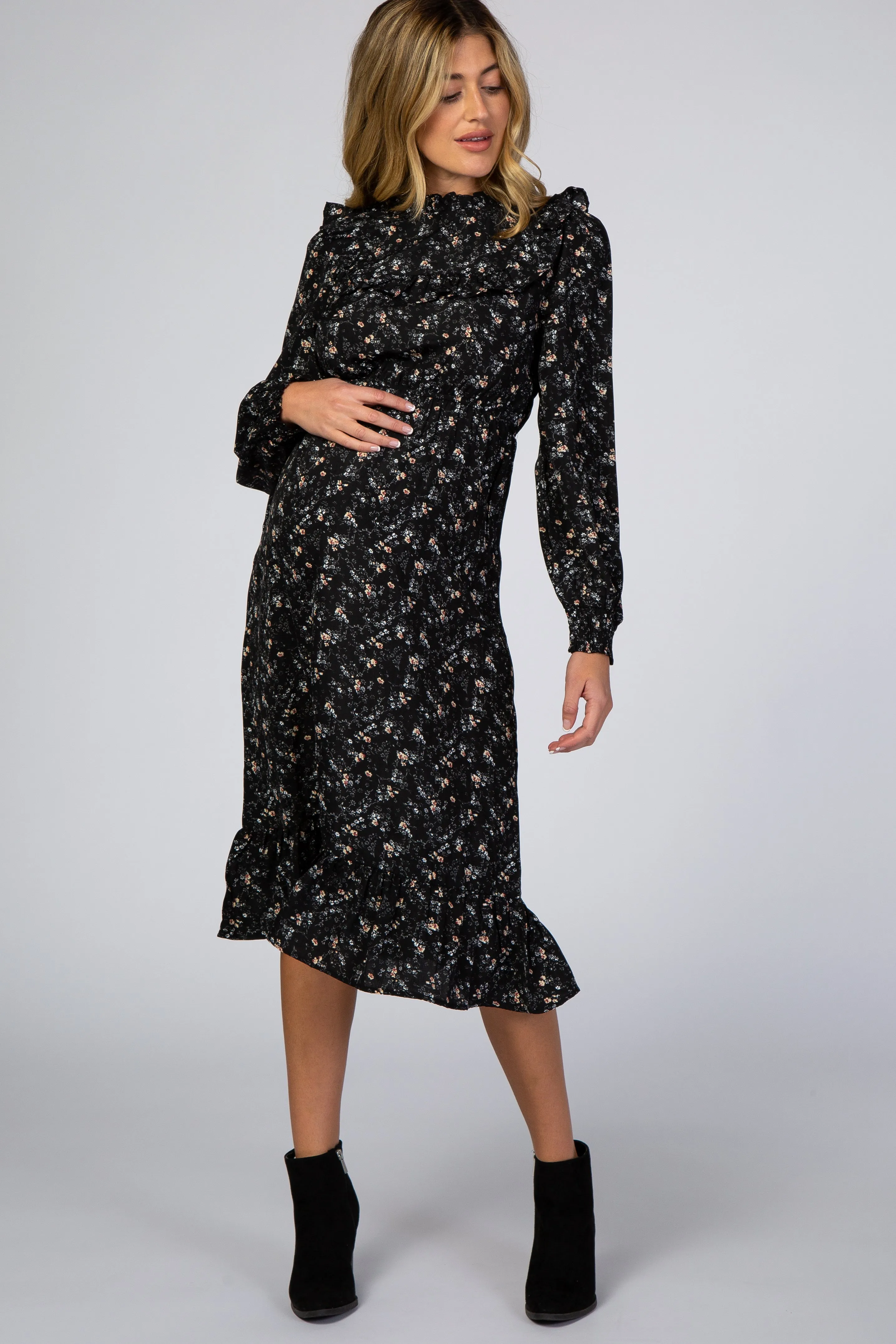 Black Floral Ruffle Long Sleeve Maternity Midi Dress sold by Pinkblush