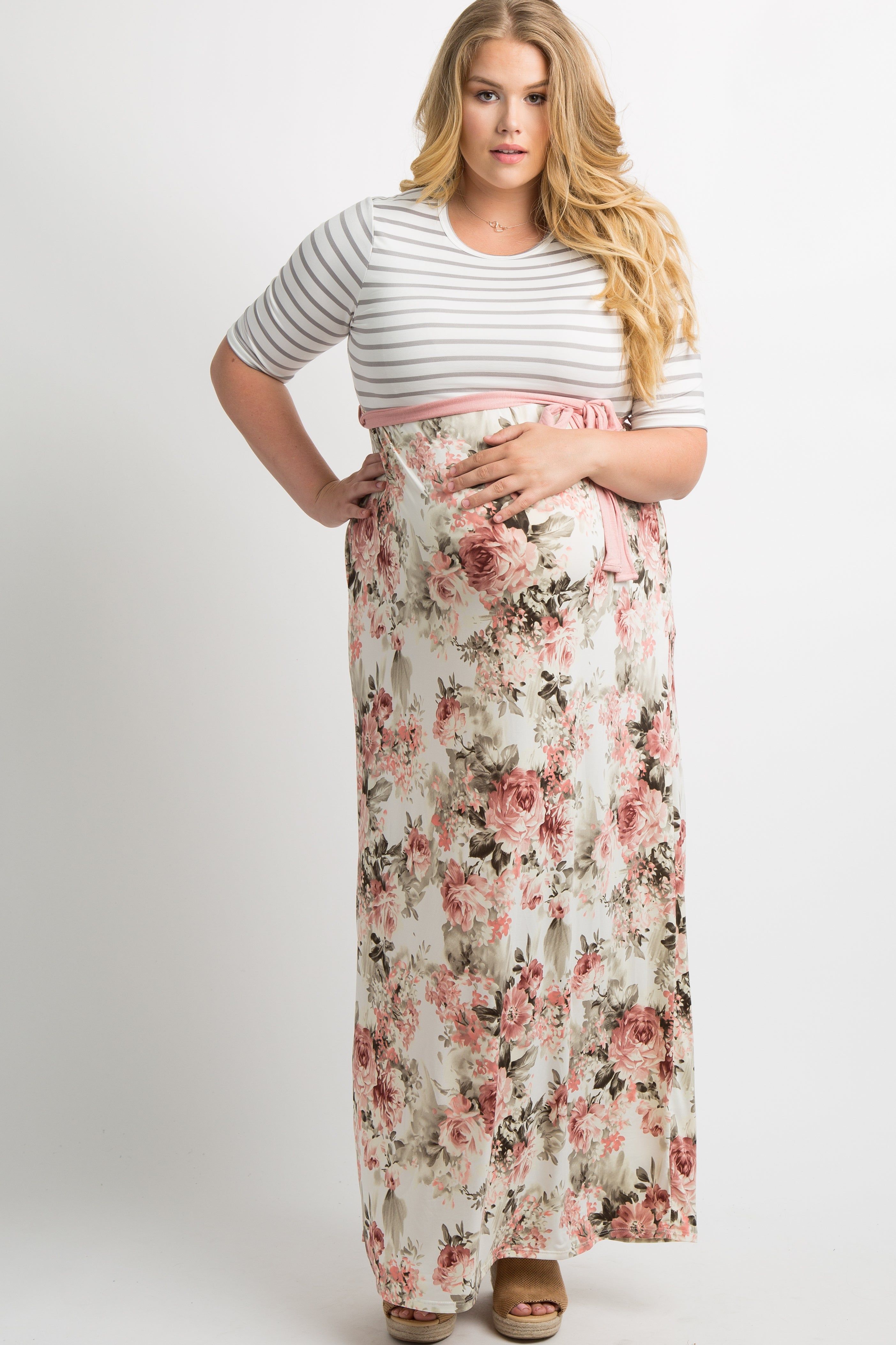 Ivory Striped Colorblock Floral Maternity Plus Maxi Dress sold by Pinkblush