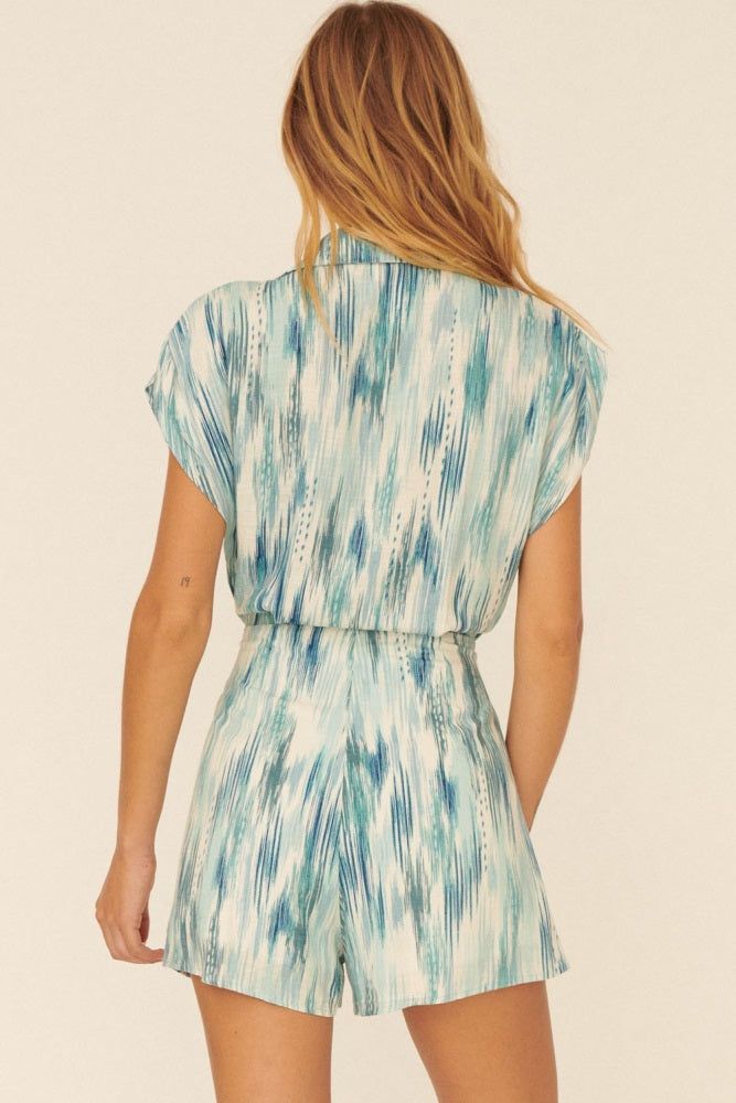 Blue Abstract Collared Button Front Self Tie Romper sold by Pinkblush product image thumbnail 3