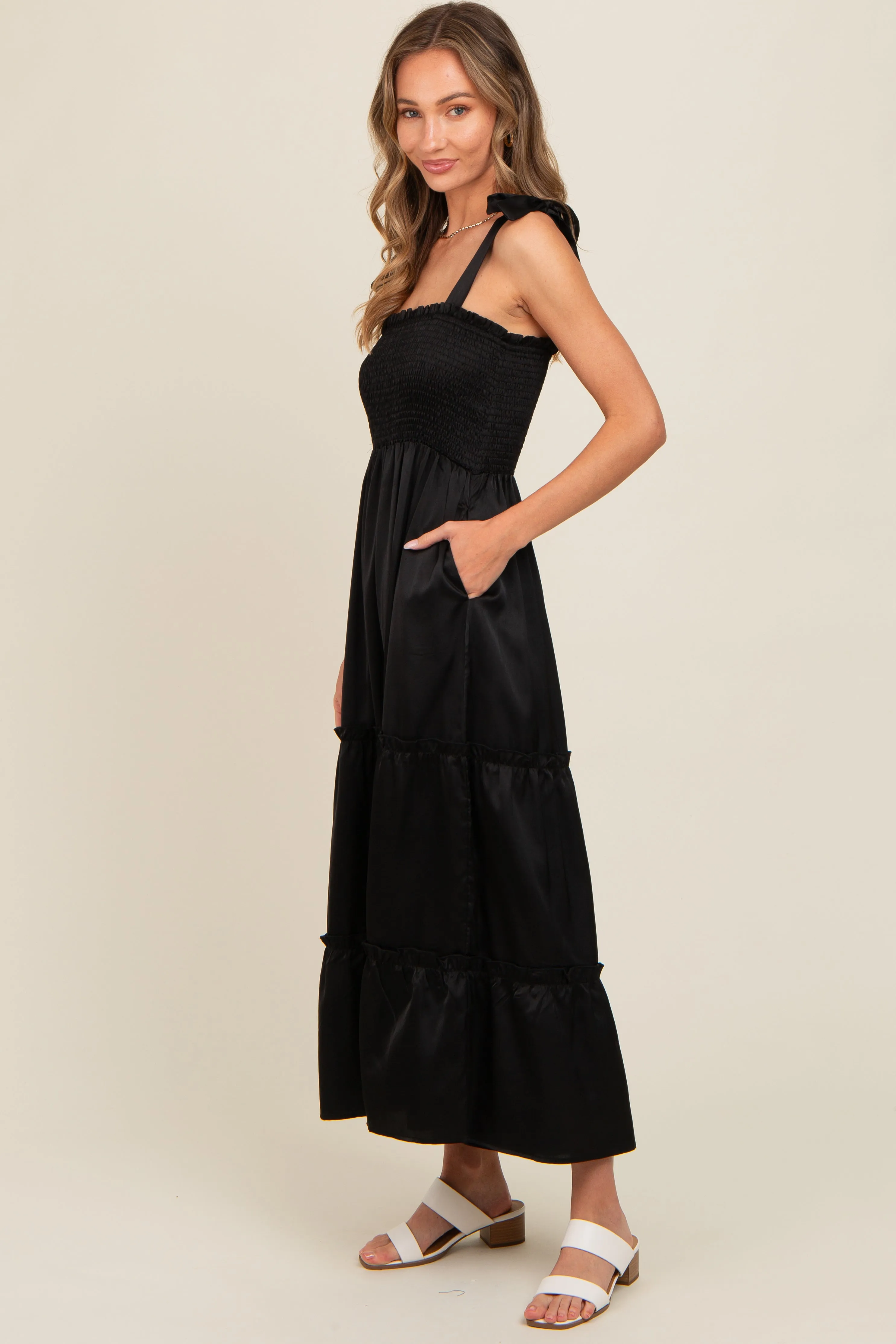 Black Satin Smocked Maxi Dress sold by Pinkblush product image thumbnail 3