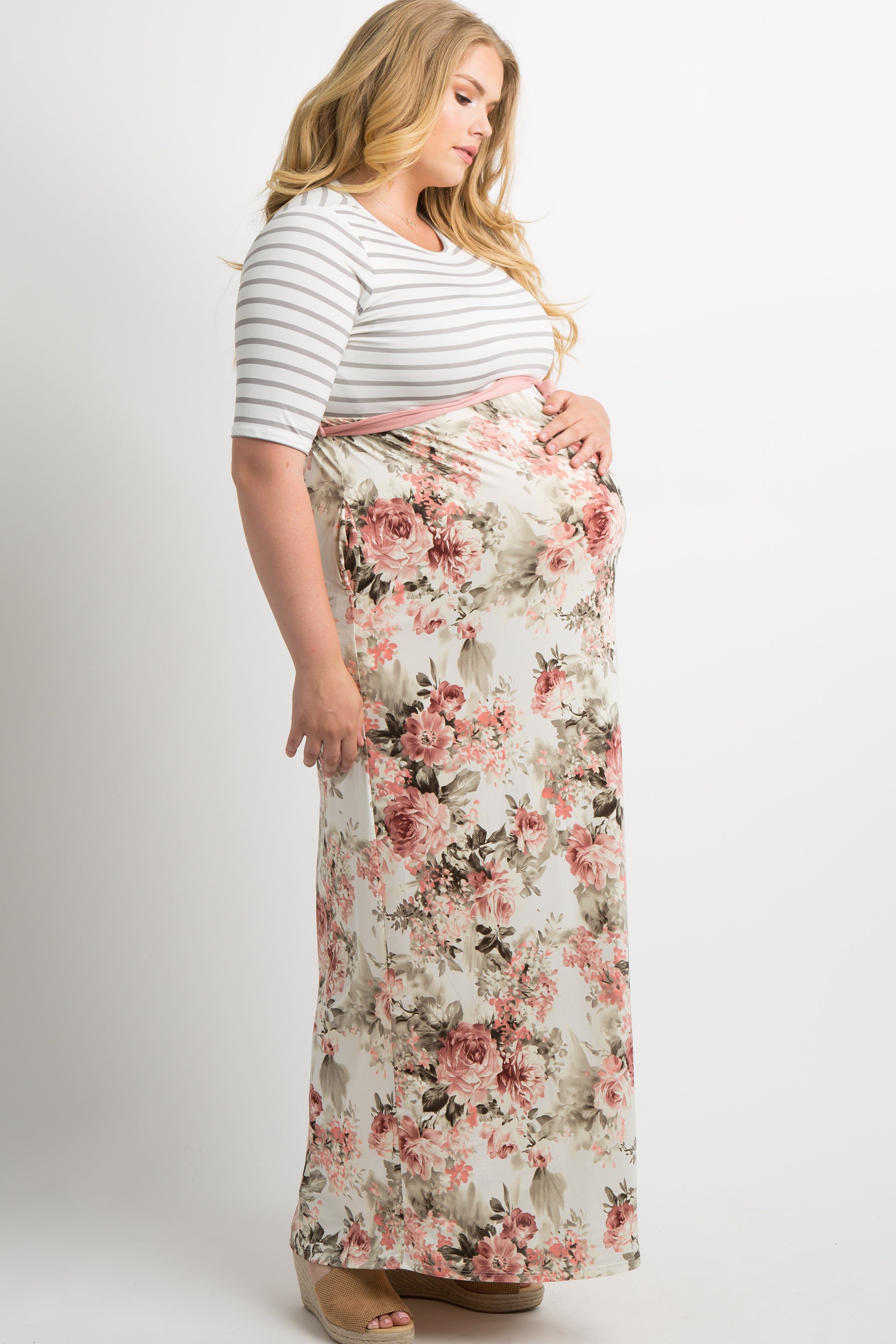 Ivory Striped Colorblock Floral Maternity Plus Maxi Dress sold by Pinkblush product image thumbnail 2