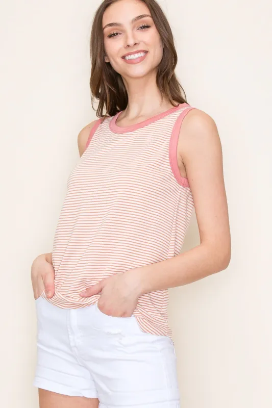 Salmon Striped Round Neck Tank Top sold by Pinkblush