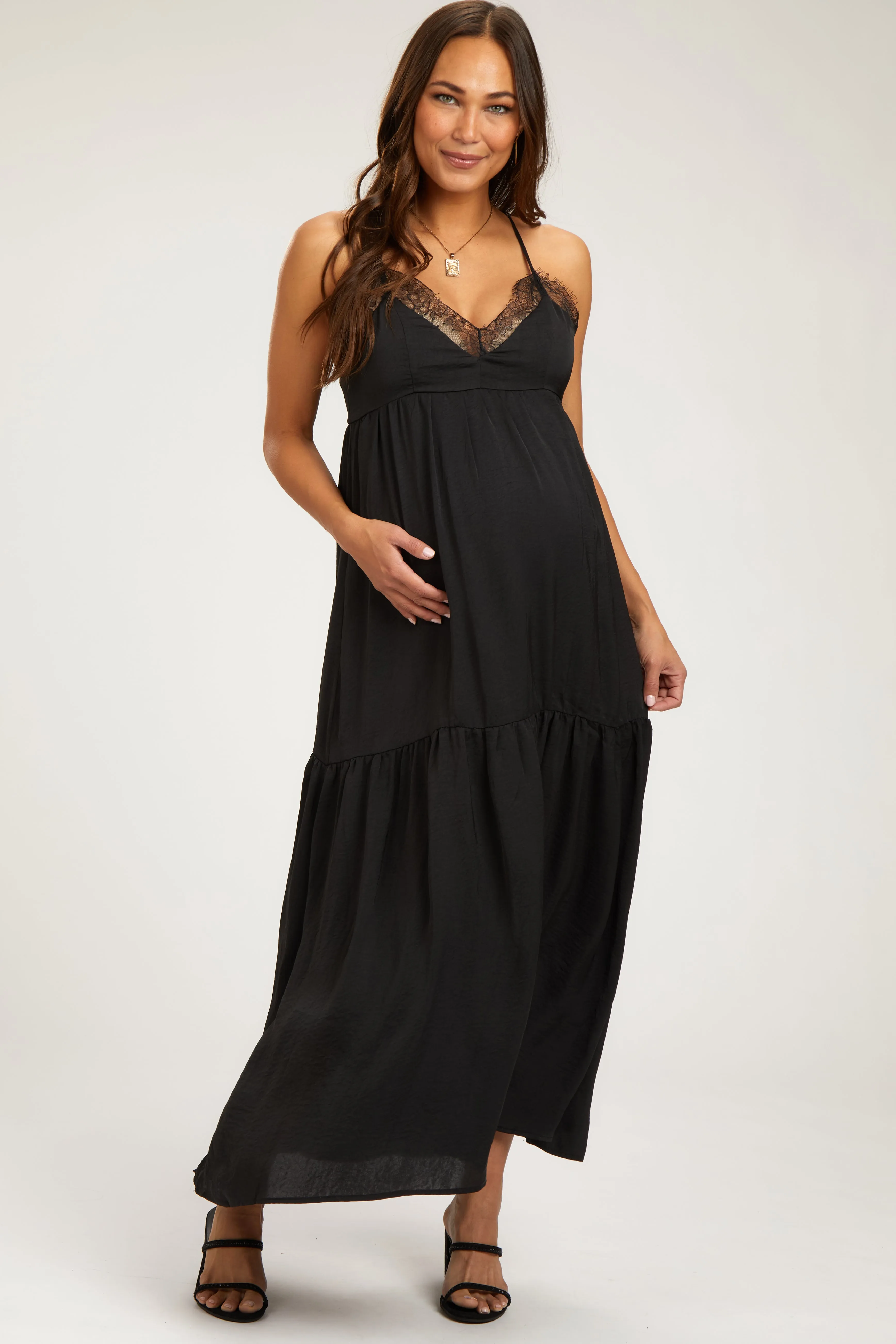Black Sleeveless Lace Tiered Maternity Maxi Dress sold by Pinkblush