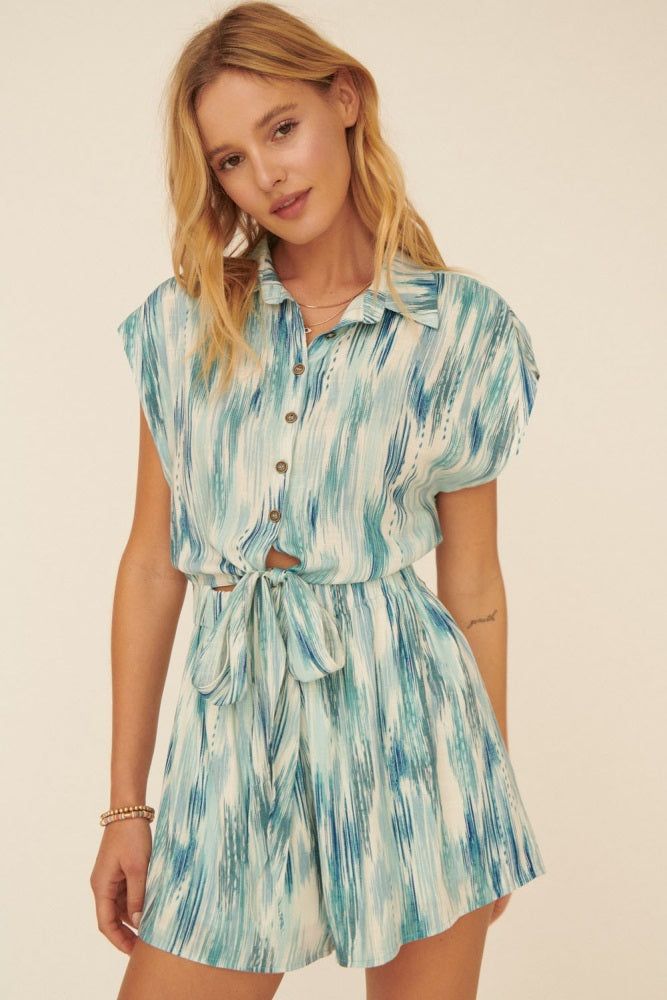 Blue Abstract Collared Button Front Self Tie Romper sold by Pinkblush