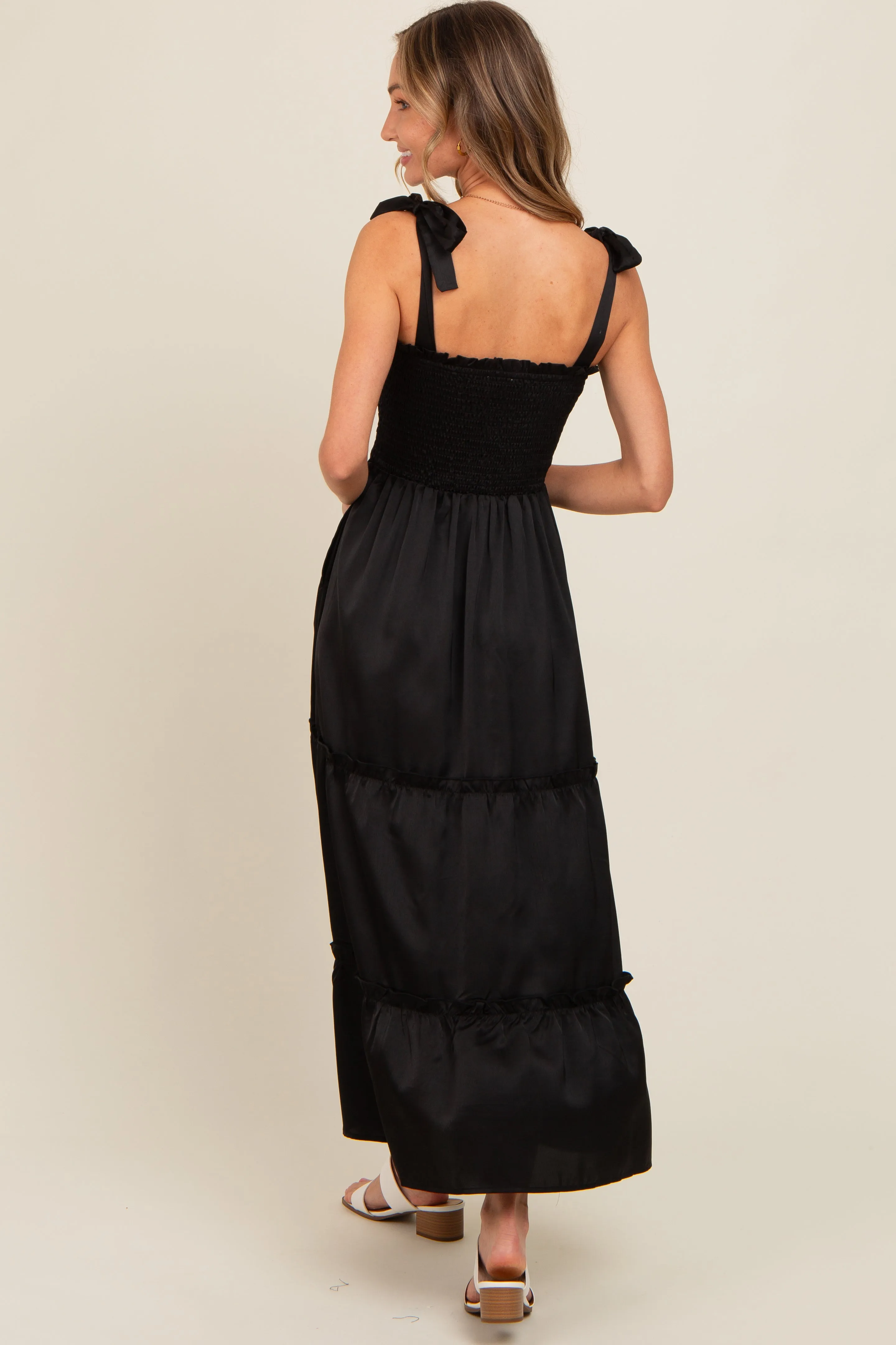 Black Satin Smocked Maxi Dress sold by Pinkblush product image thumbnail 4